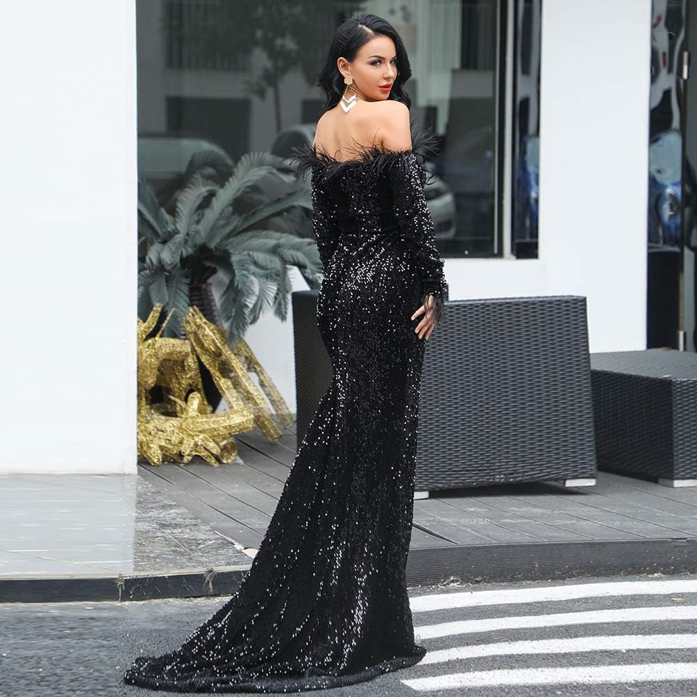Miss Ord Sexy off Shoulder Feather Longsleeve Sequin Floor Length Evening Party Maxi Reflective Dress Vestidos