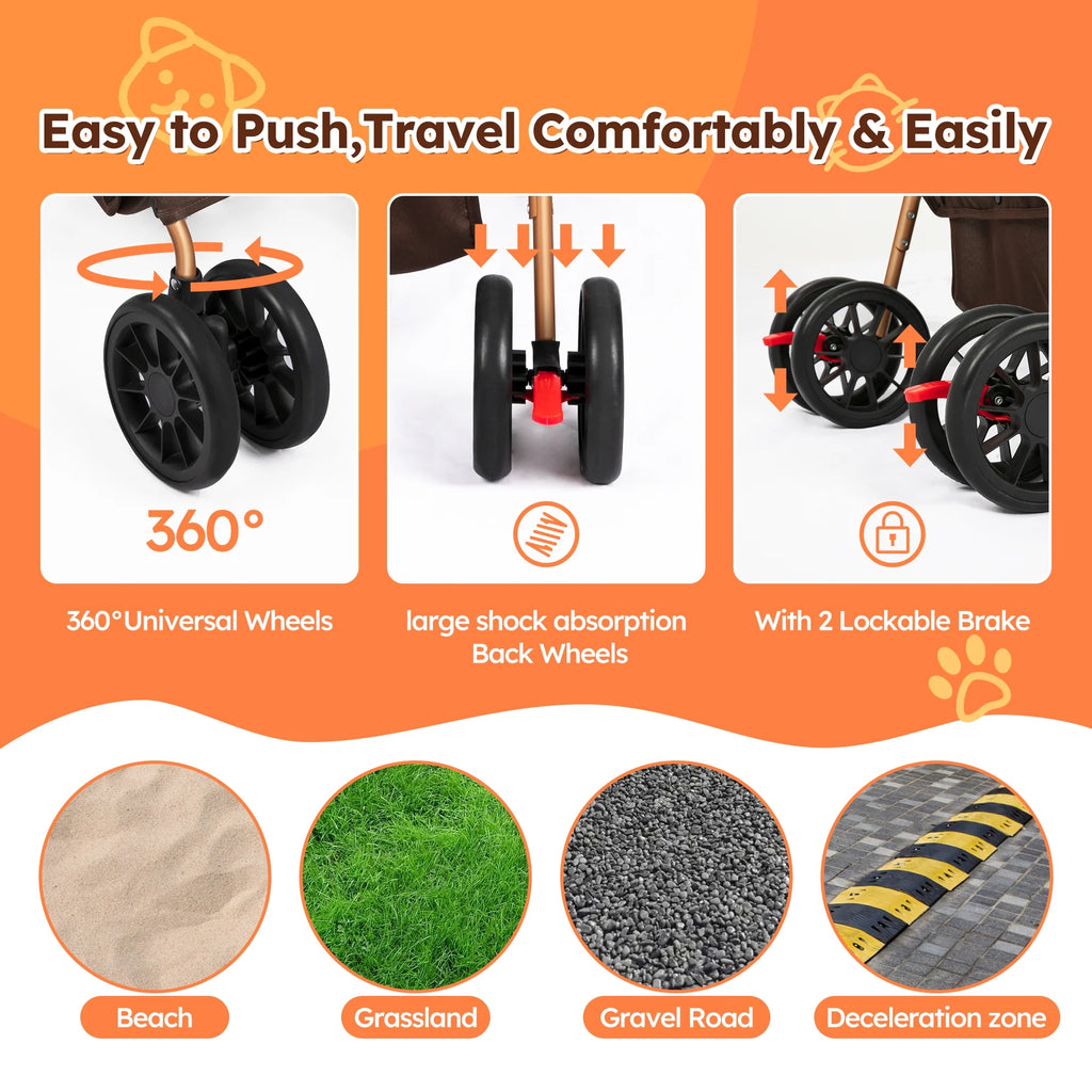 3-In-1 Pet Stroller, Foldable 4-Wheel Cat & Dog Stroller with Detachable Carrier, Canopy and Storage Basket, up to 60Lbs, Brown