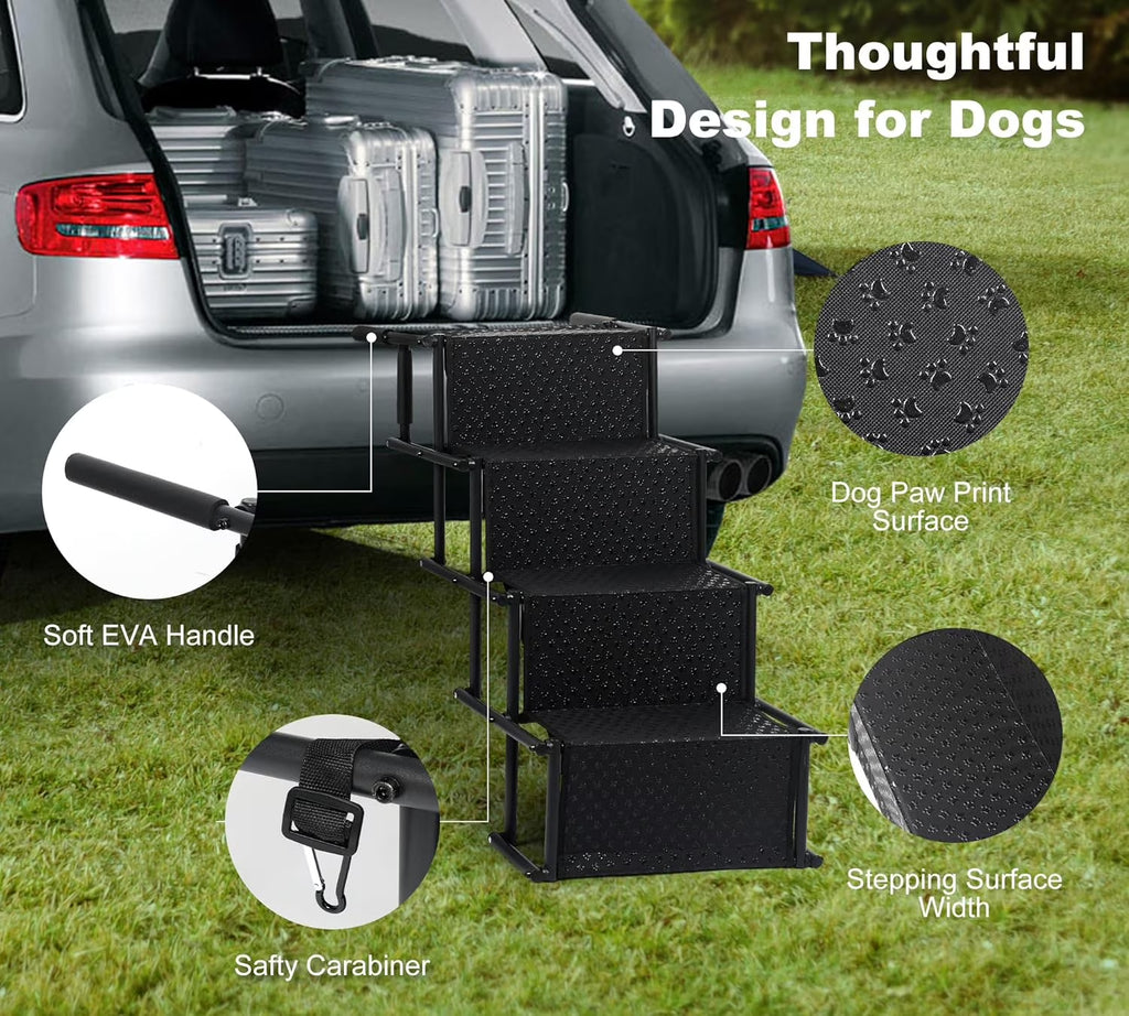 Dog Stairs for Car, Foldable Dog Ramps for Large Dogs with Non Slip Surface, Portable Dog Steps for Cars and SUV, Truck, Support up to 150 Lbs (4 Steps)
