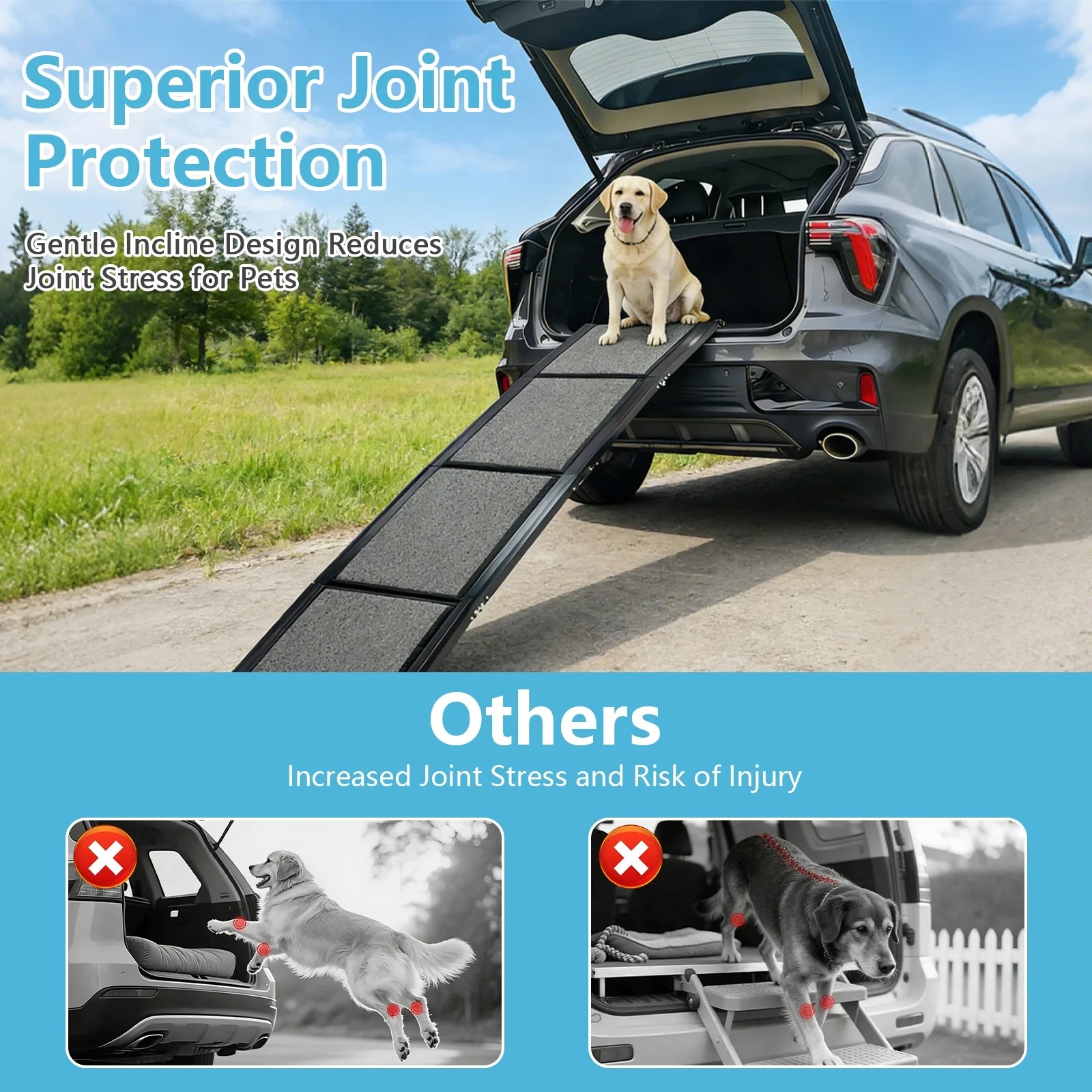 67" Foldable Dog Ramp for Car, Bed & Sofa - Extra-Wide 17.3" Pet Ramp with Non-Slip Surface, Portable Indoor/Outdoor Ramp Suitable for All Dogs