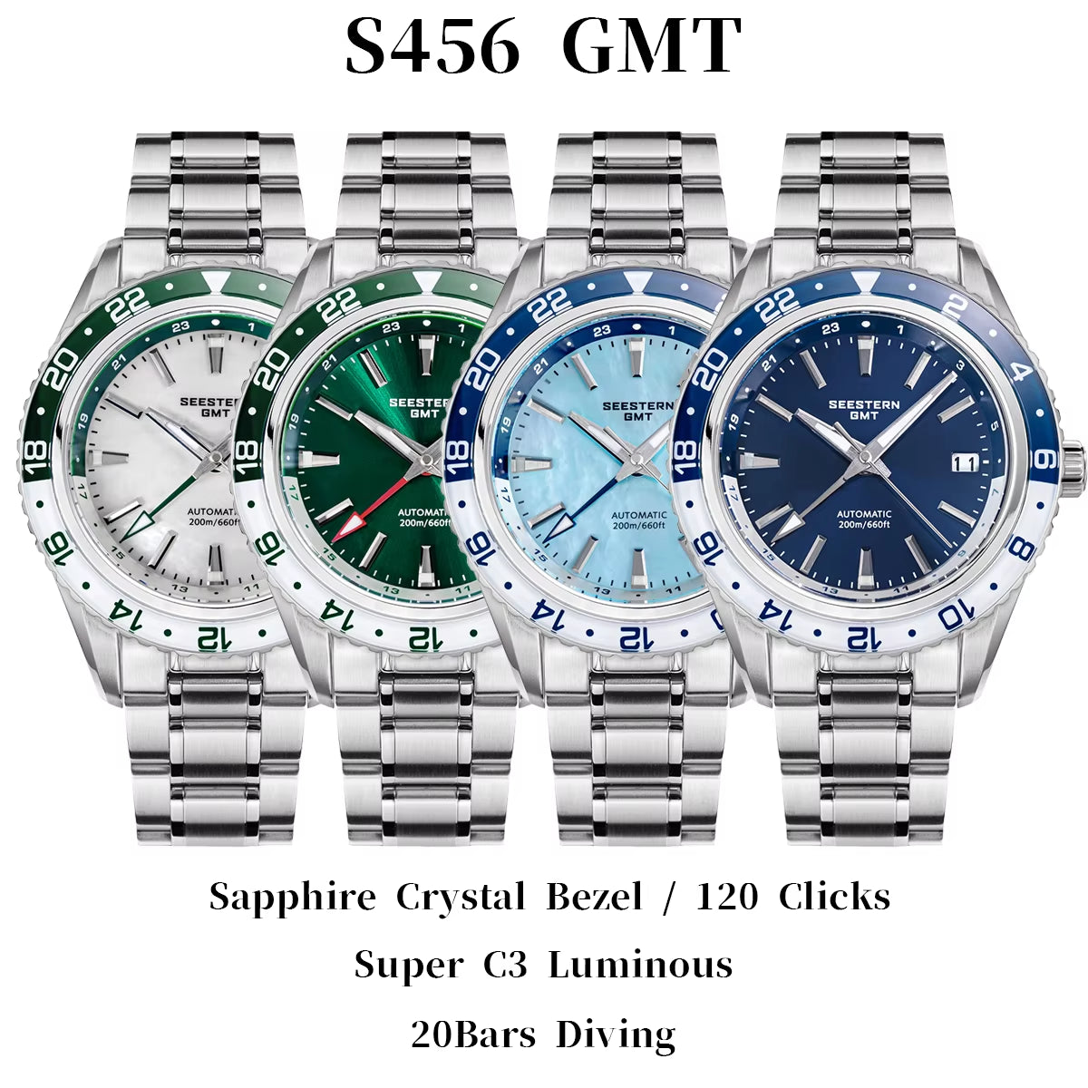 SEESTERN Men of Watch Office GMT Automatic NH34 Movement Sapphire Glass Bezel 20Bar Waterproof Diver Mechanical Wristwatch S456