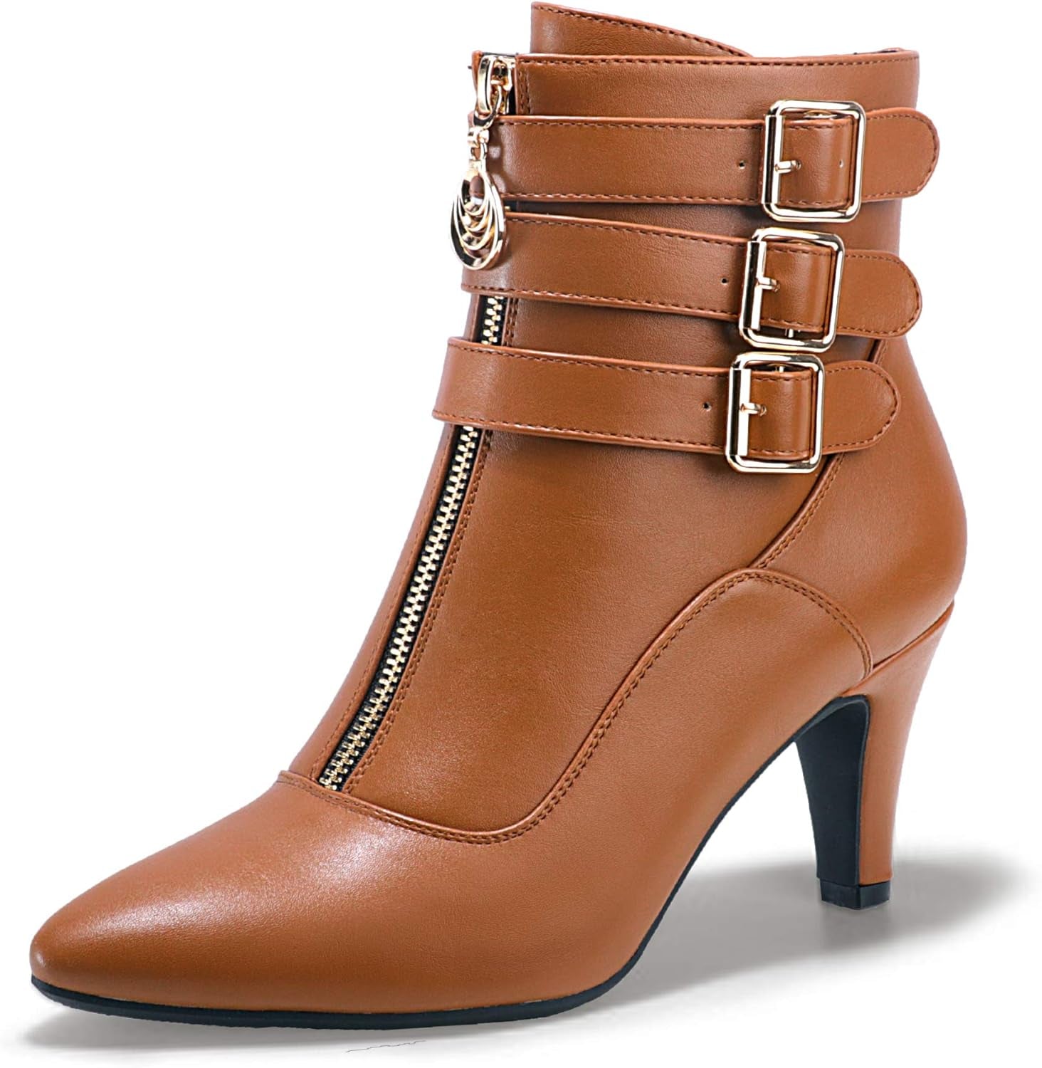 IDIFU Women'S Pointed Toe Metal Buckle Two Strap Ankle Booties Side Zipper Kitten Heel Dress Classic Short Boots