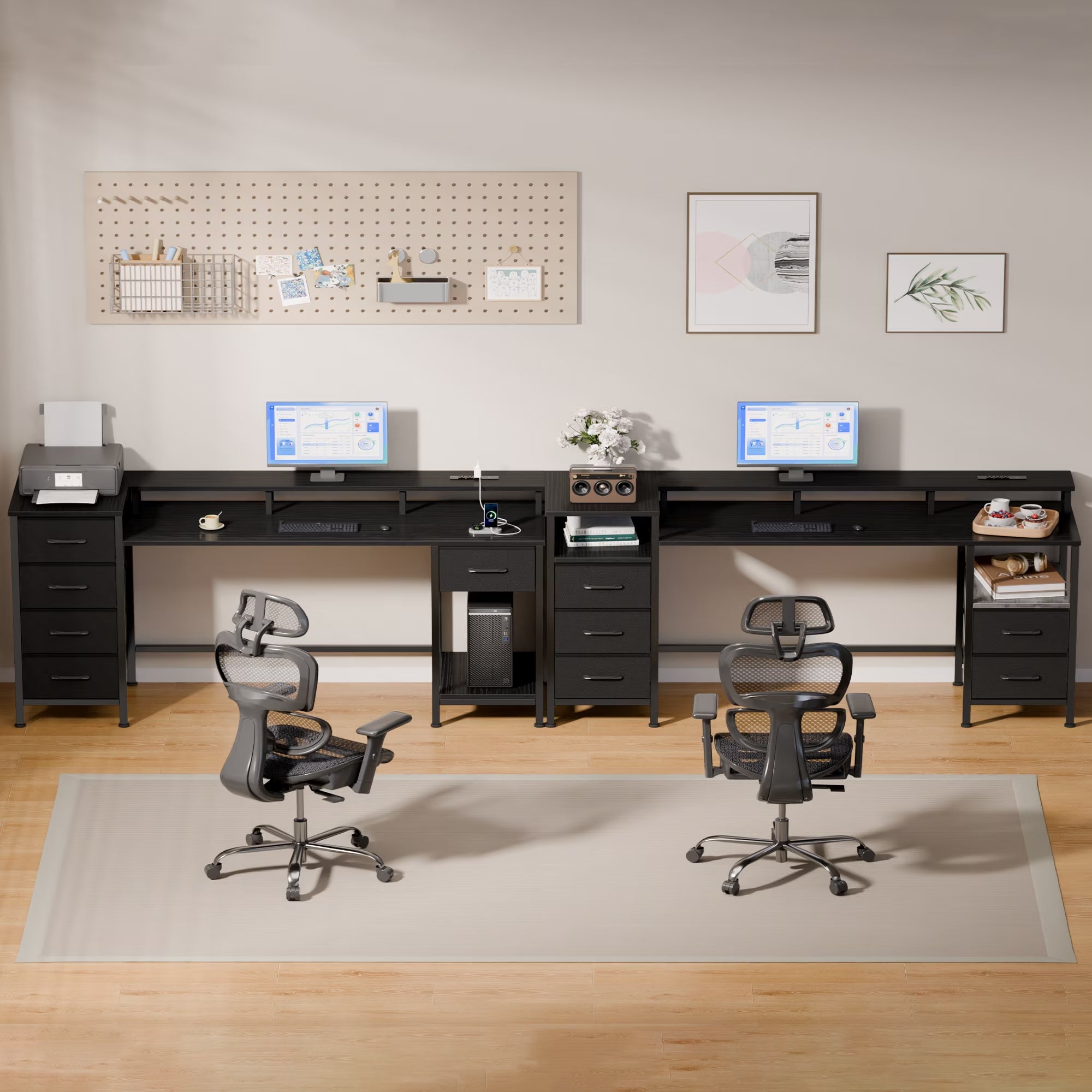 Gaming Desk with LED Lights & Power Outlets, 66" Computer Desk with 5 Fabric Drawers & Open Storage, Reversible Home Office Desk,Black