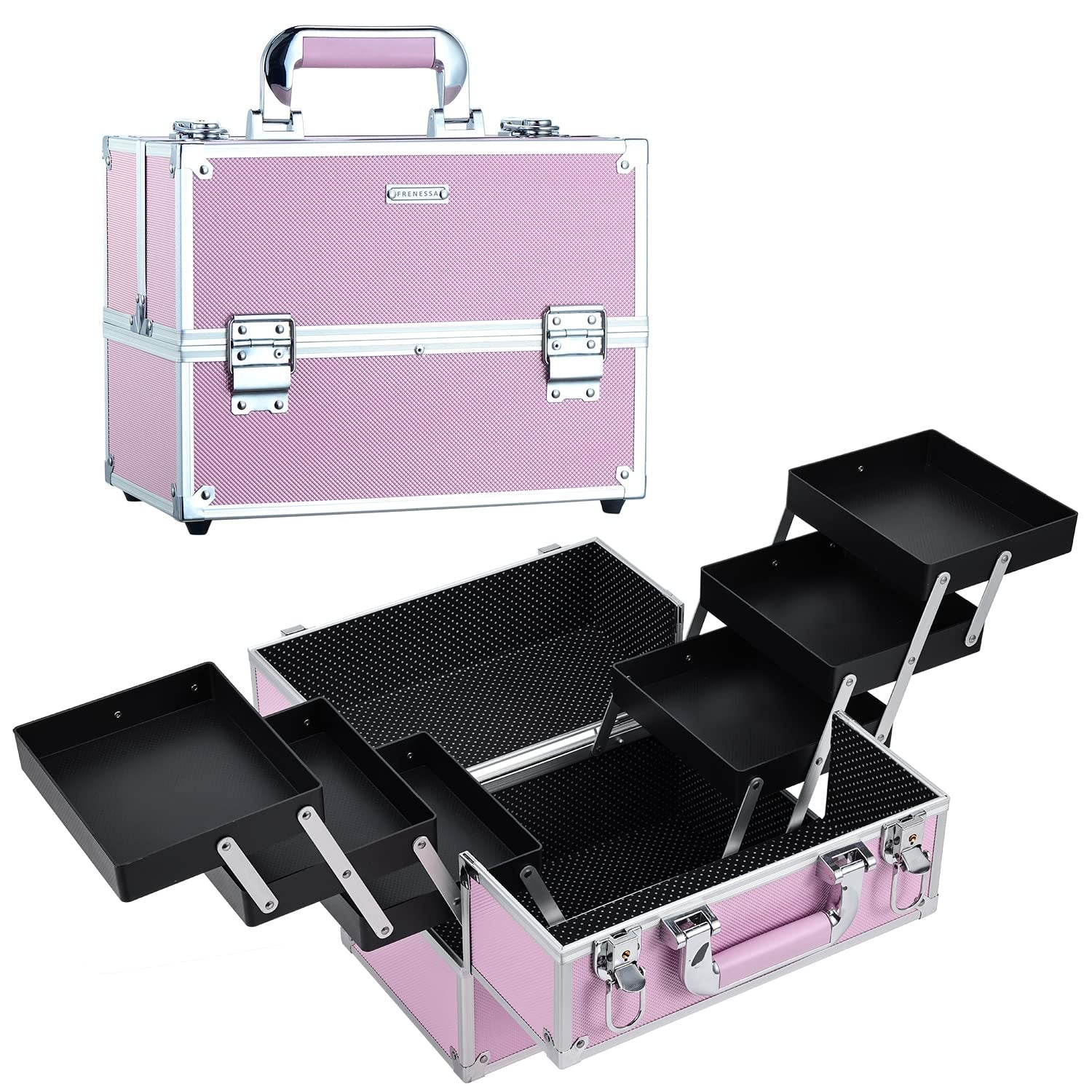 FRENESSA Makeup Train Case Makeup Case 11.8 Inch Large Cosmetic Box Organizer Travel Storage Professional Make up Train Carrying Case with 6 Trays Locking Hard Vanity Storage Black