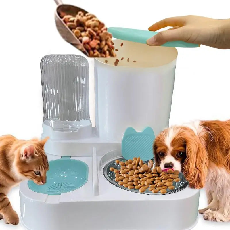 Automatic Pet Feeder and Water Dispenser with Integrated Round Plastic Bowl for Cat Food Storage
