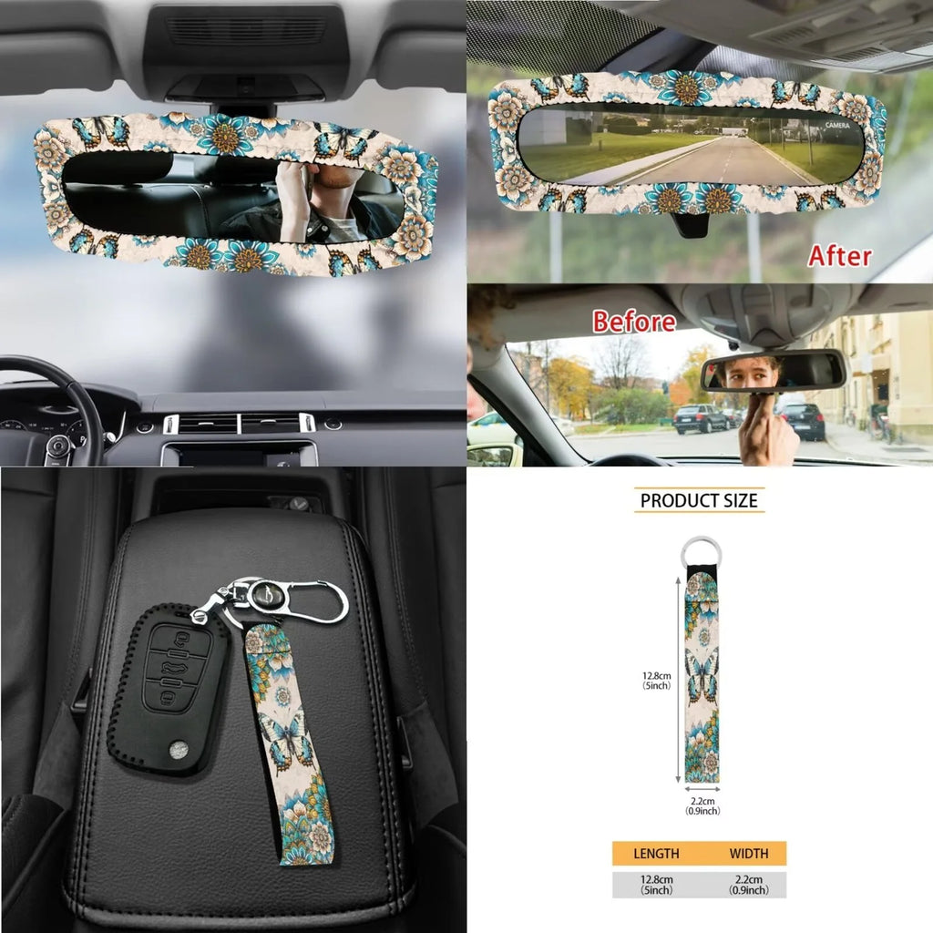 Butterfly Car Seat Covers Full Set for Women Boho Car Accessories Set 15 Pcs Universal Fit Steering Wheel Cover and Seat Belt Pad for Most Cars, Suvs, Trucks