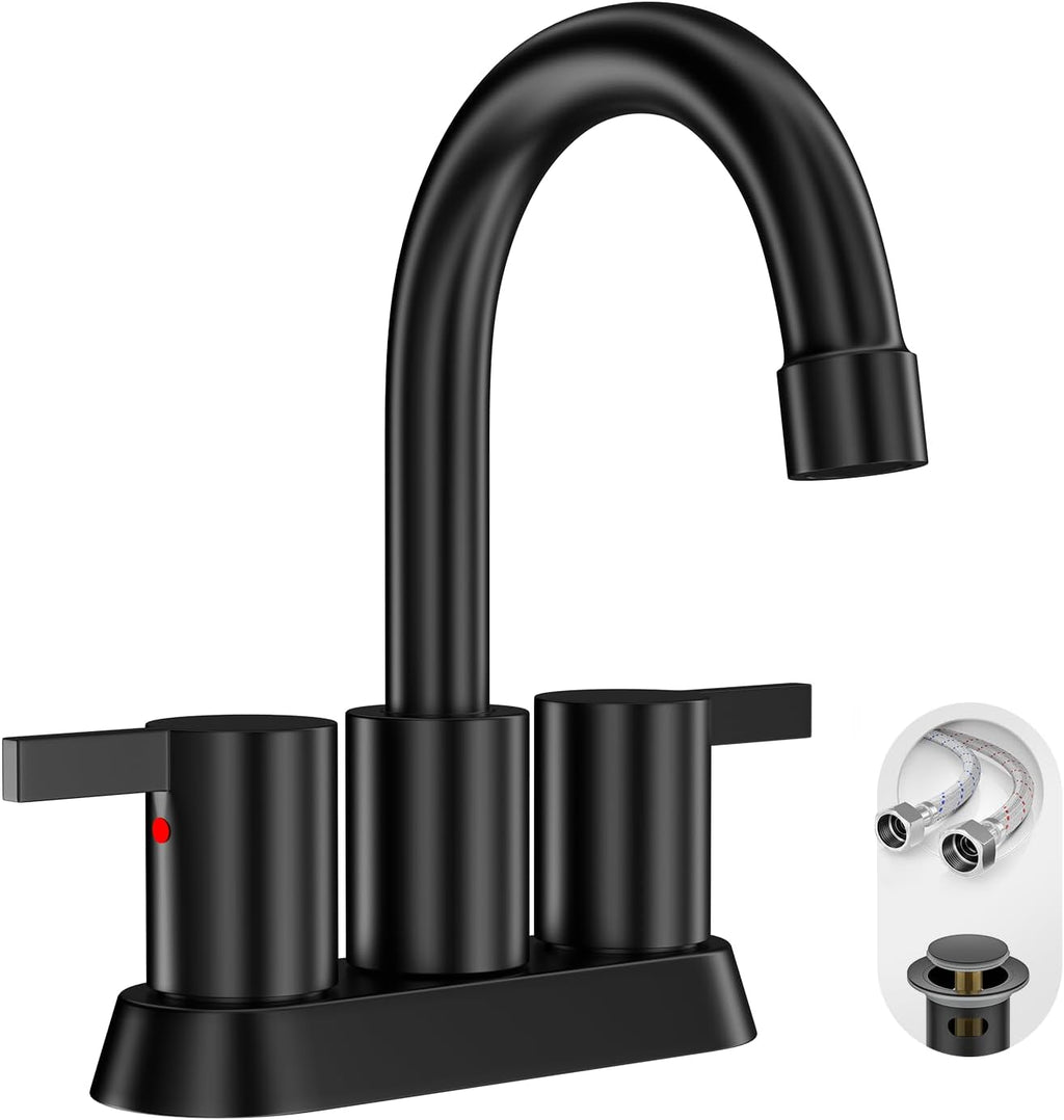 Modern Matte Black 4-Inch Bathroom Faucet with 360° Swivel Spout, Pop-Up Drain & Water Supply Lines - Phiestina Bf015-1-Mb