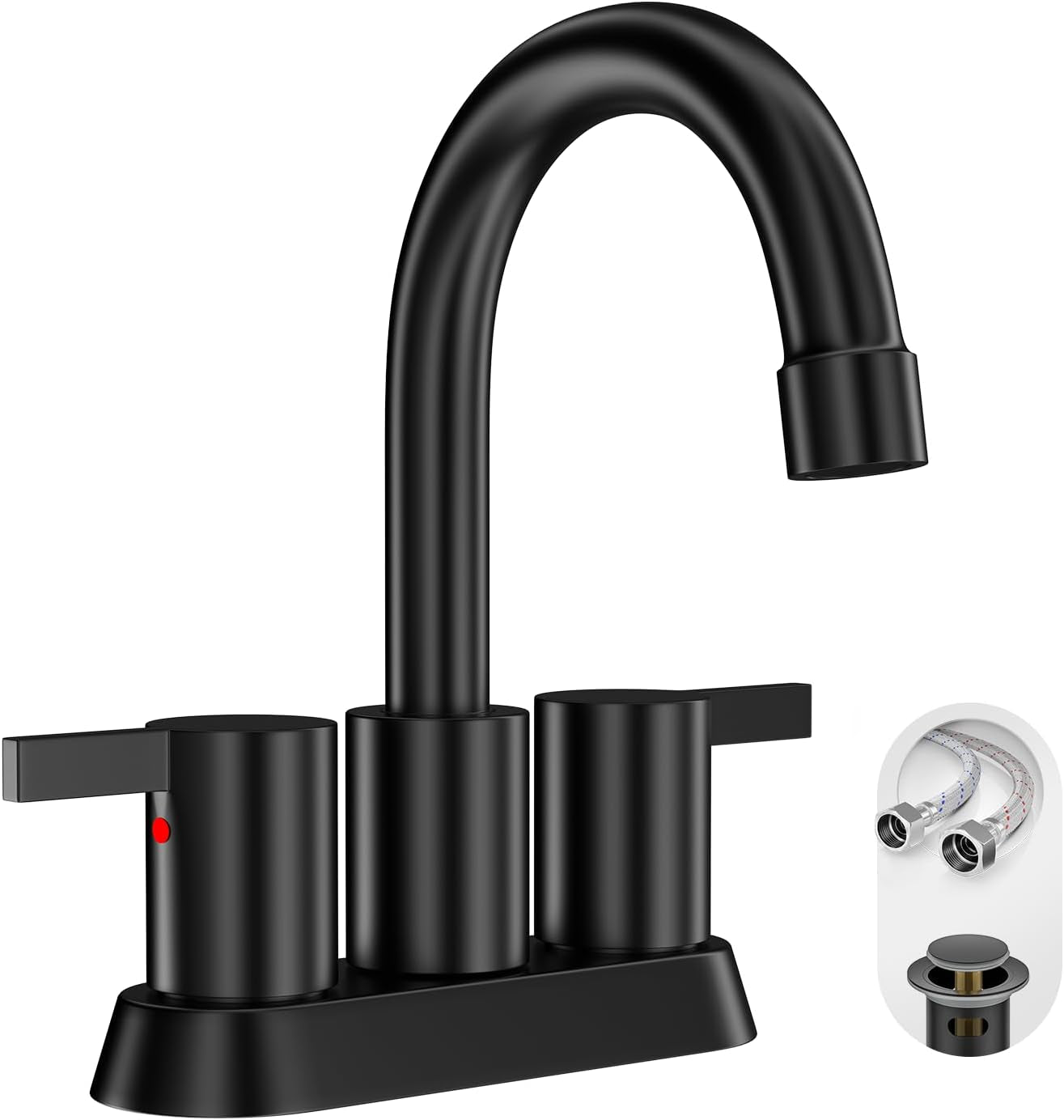 Modern Matte Black 4-Inch Bathroom Faucet with 360° Swivel Spout, Pop-Up Drain & Water Supply Lines - Phiestina Bf015-1-Mb