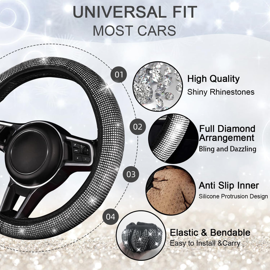 Sparkling 8-Piece Bling Car Accessories Set for Women - Steering Wheel Cover, Seat Belt Covers & Gear Shift Cover in Silver Diamond - Universal Fit for Most Cars