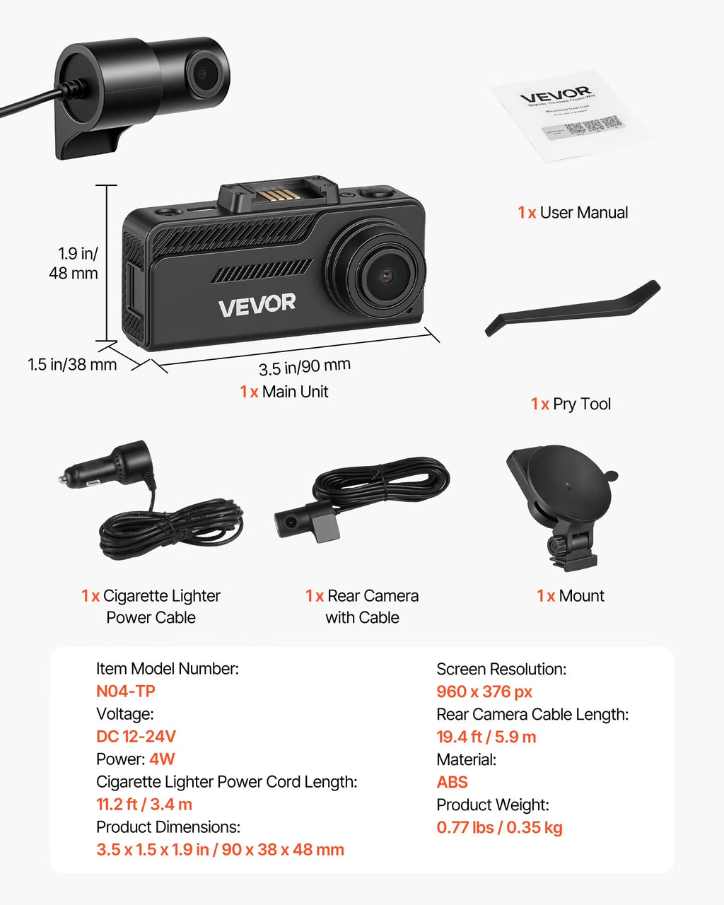 VEVOR Dash Cam Front and Rear, 4K+1080P, 64 GB Card Included, Dual Channel Dash Camera for Cars with Built-In GPS, G-Sensor, Front 129° & Rear 125°, 3.18" Touch Screen, Loop Recording, Parking Mode