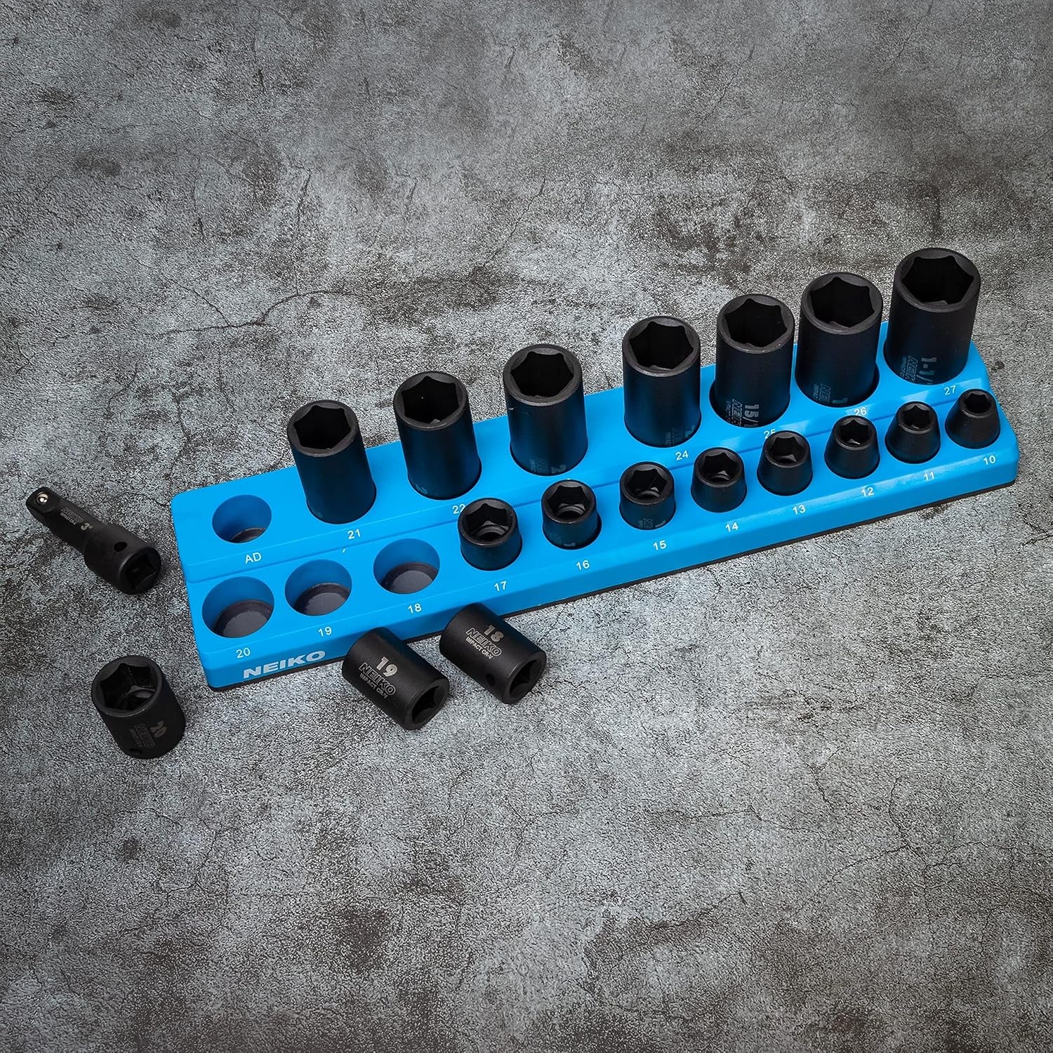 NEIKO 03975A Magnetic Socket Holder, 1/2” Drive, 10Mm-27Mm, Shallow & Deep Sockets Tray, Metric Socket Set Organizer, Socket Organizers for Toolboxes Trays, Scratch Free Mounting, High Visibility