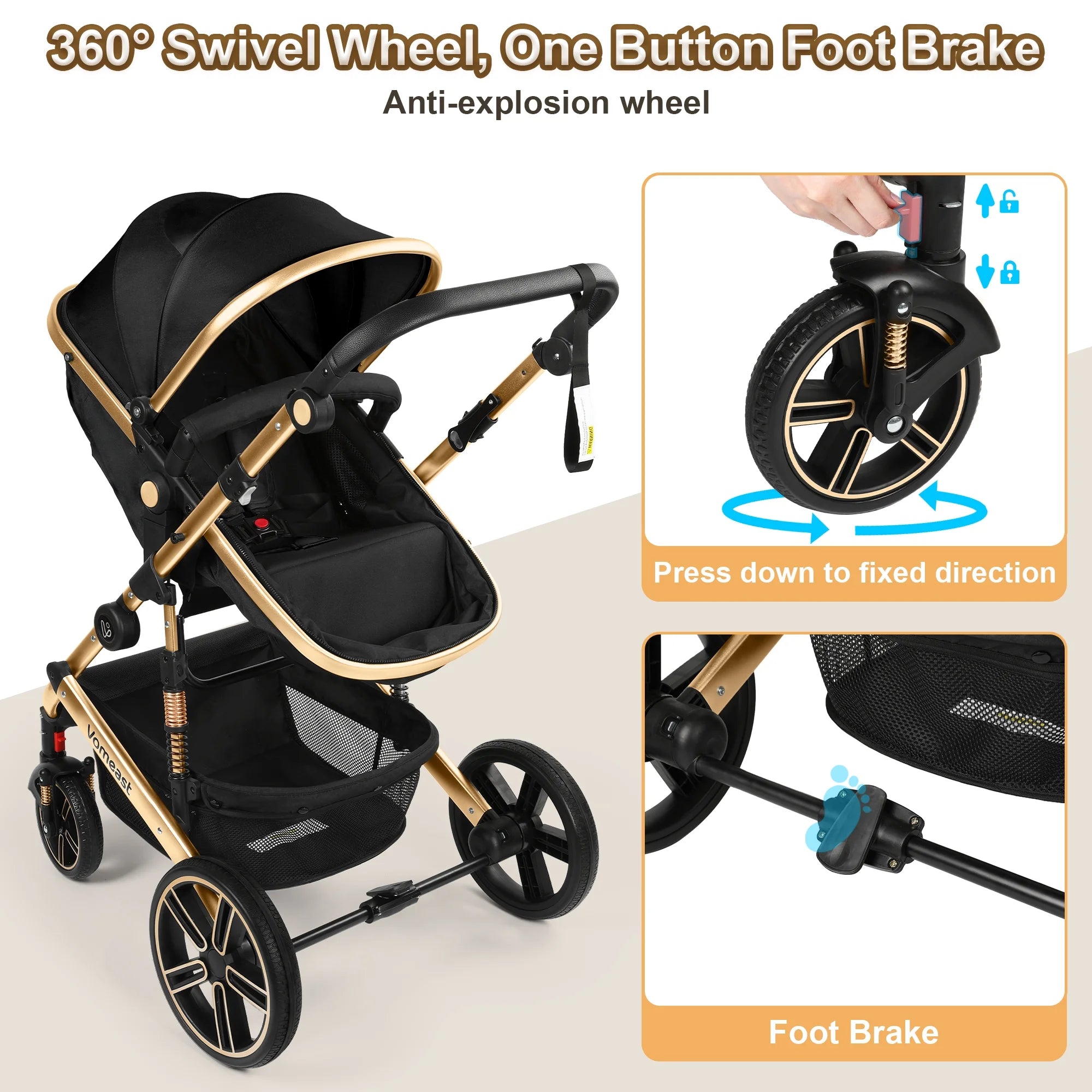 Vomeast Baby Stroller, Foldable Aluminum Alloy Stroller with Reversible, Travel Stroller for Newborn Infant, Black