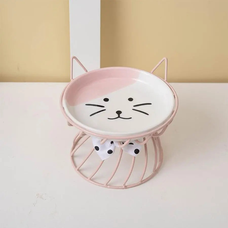 Ceramic Pet Feeding Bowl with Stand - Cute Cat Pattern, Suitable for Dogs and Cats, 1 Count
