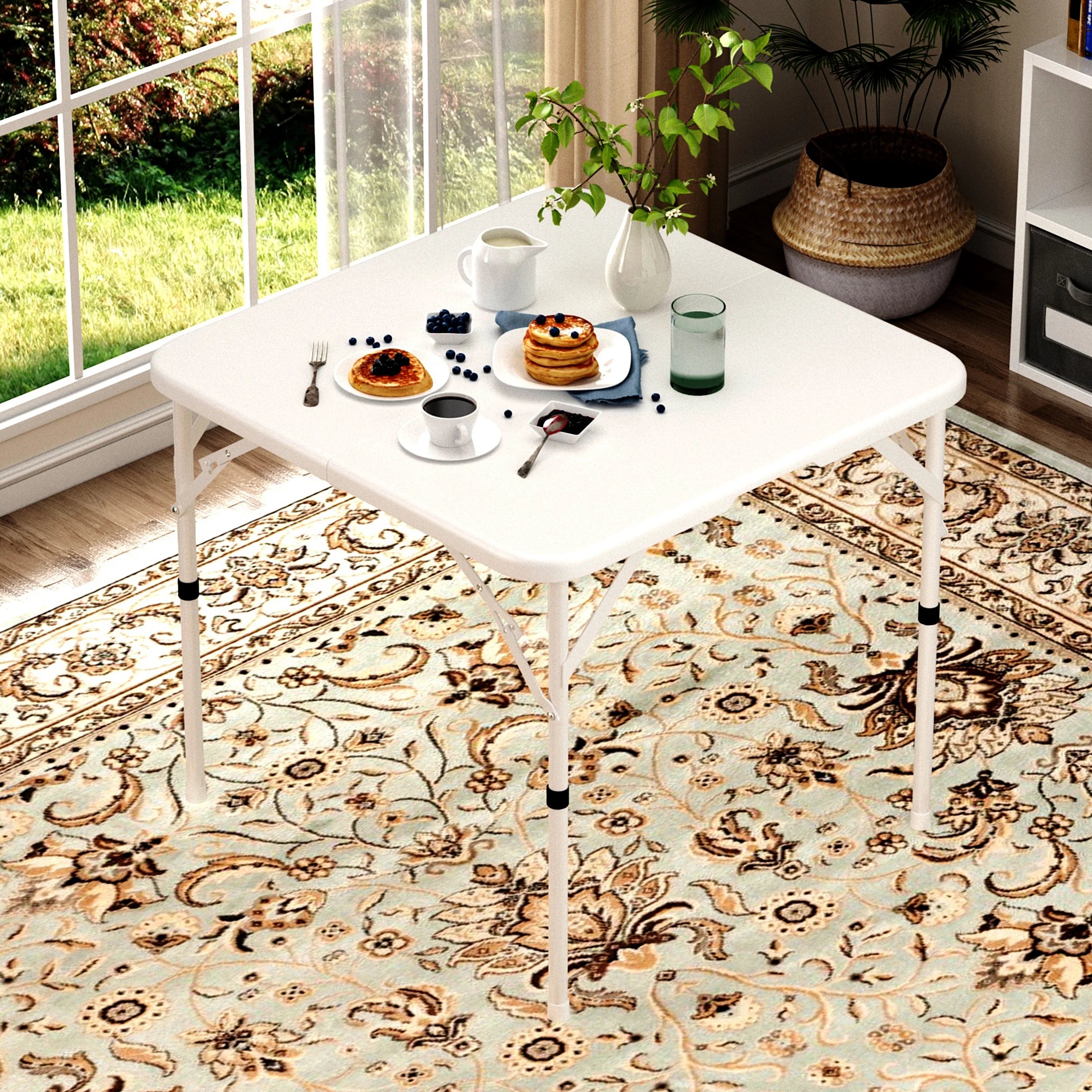 34" Square Folding Table,Fold-In-Half Plastic Card Table,Picnic Party Event Dining Camp Table for Indoor Outdoor,White