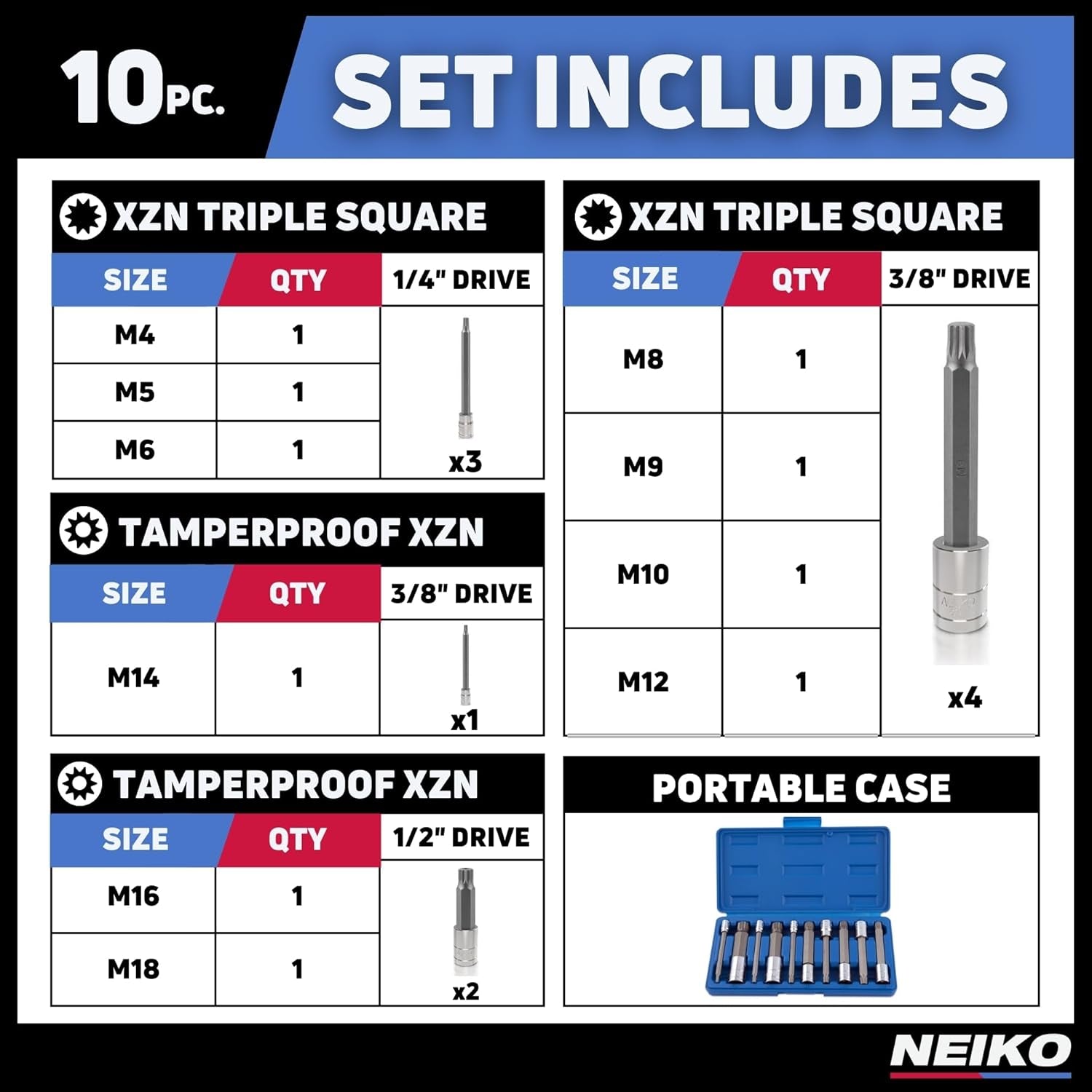 NEIKO 10054A Extra Long XZN Triple Square Spline Bit Socket Set - 10-Piece, 4" Length, 4mm to 18mm, Durable S2 and Cr-V Steel