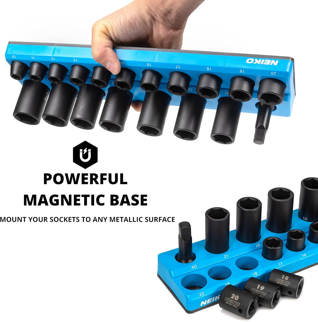 NEIKO 03975A Magnetic Socket Holder, 1/2” Drive, 10Mm-27Mm, Shallow & Deep Sockets Tray, Metric Socket Set Organizer, Socket Organizers for Toolboxes Trays, Scratch Free Mounting, High Visibility
