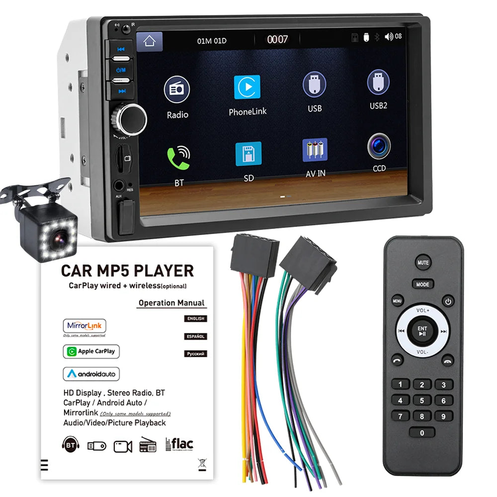 BQCC 7" 2Din/1 Din MP5 Car Player Mirrorlink Wired Android Auto/Carplay BT AUX Colorful Lights FM Car Radio F7018C
