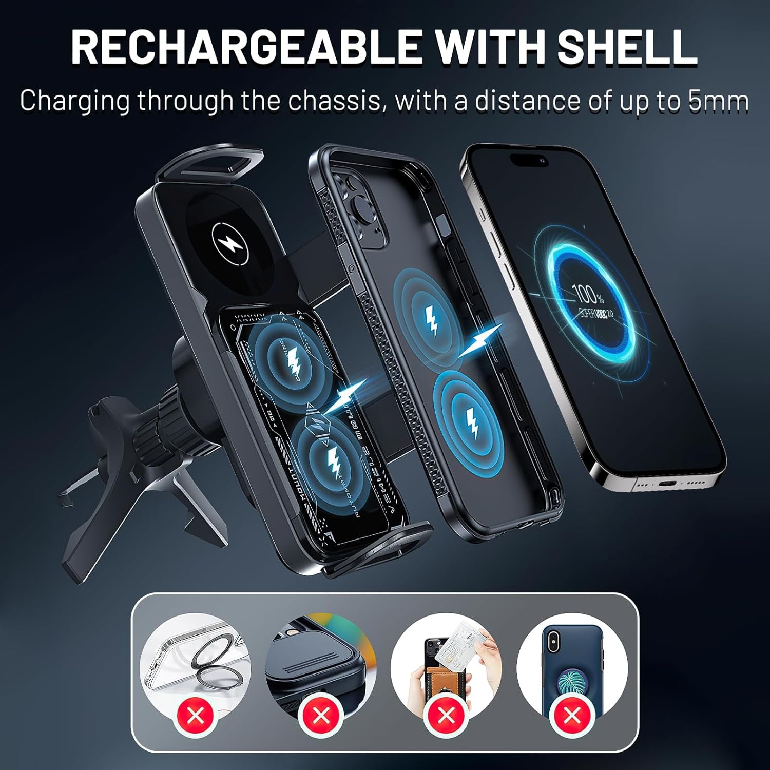 High Intelligent 2 in 1 Auto Rotating Car Charger Cell Phone/Pad Holder, One-Touch Rotatable Car Vent Mount for Smartphone/Pad/Foldable Phone (Black)