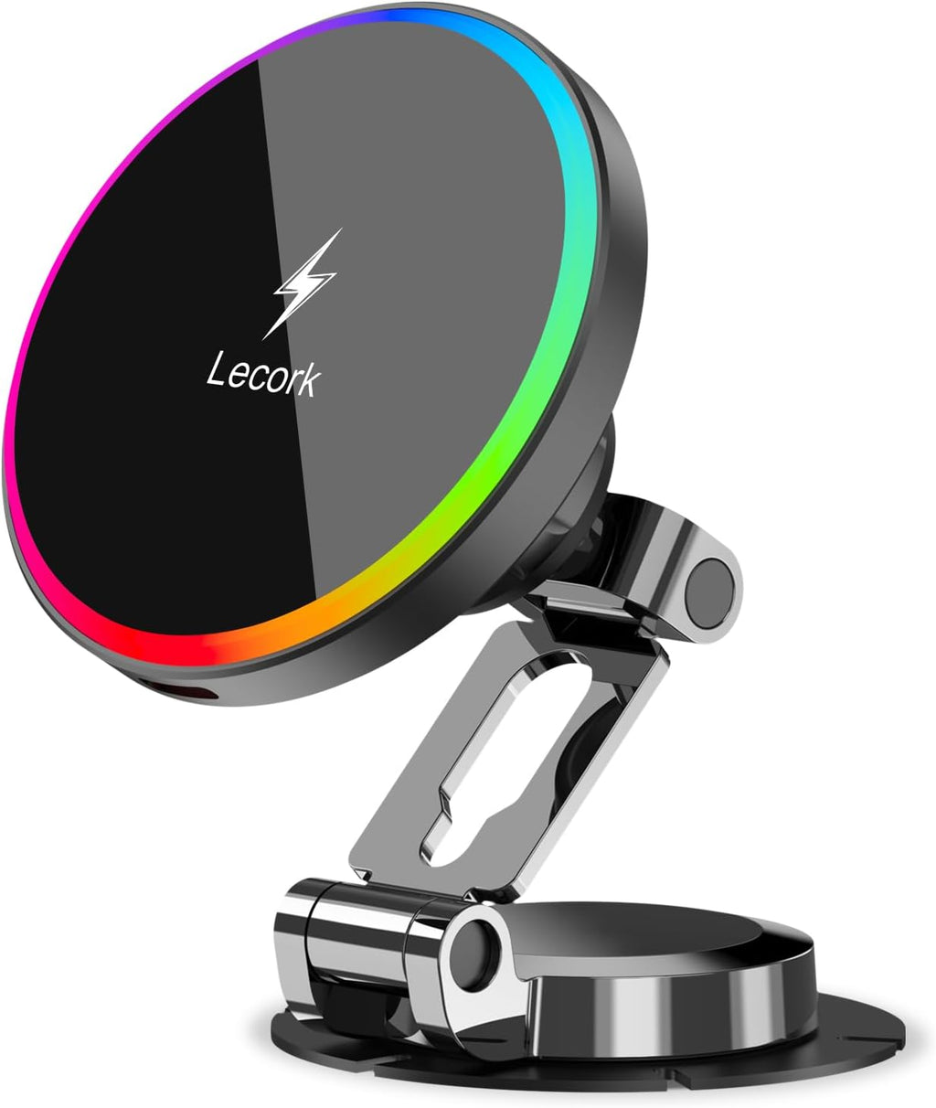 Lecork for Magsafe Car Mount Charger, 15W Magnetic Wireles Car Charger for Iphone 17 Pro Max 14 15 16 Series, Stick on Dashboard Phone Holder for Samsung S26 Ultra, Zinc Alloy Shell, Black