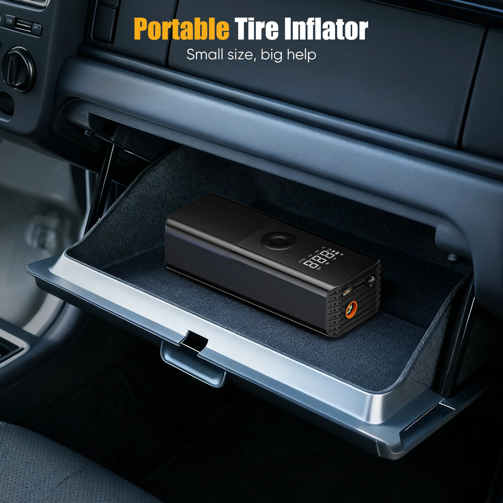 AOMBOO Tire Inflator Portable Air Compressor, for Car Tires with Automatic Shutoff, 150 PSI Digital Pressure Gauge, Emergency LED Light, Cordless and Compact Automotive Pump, Black