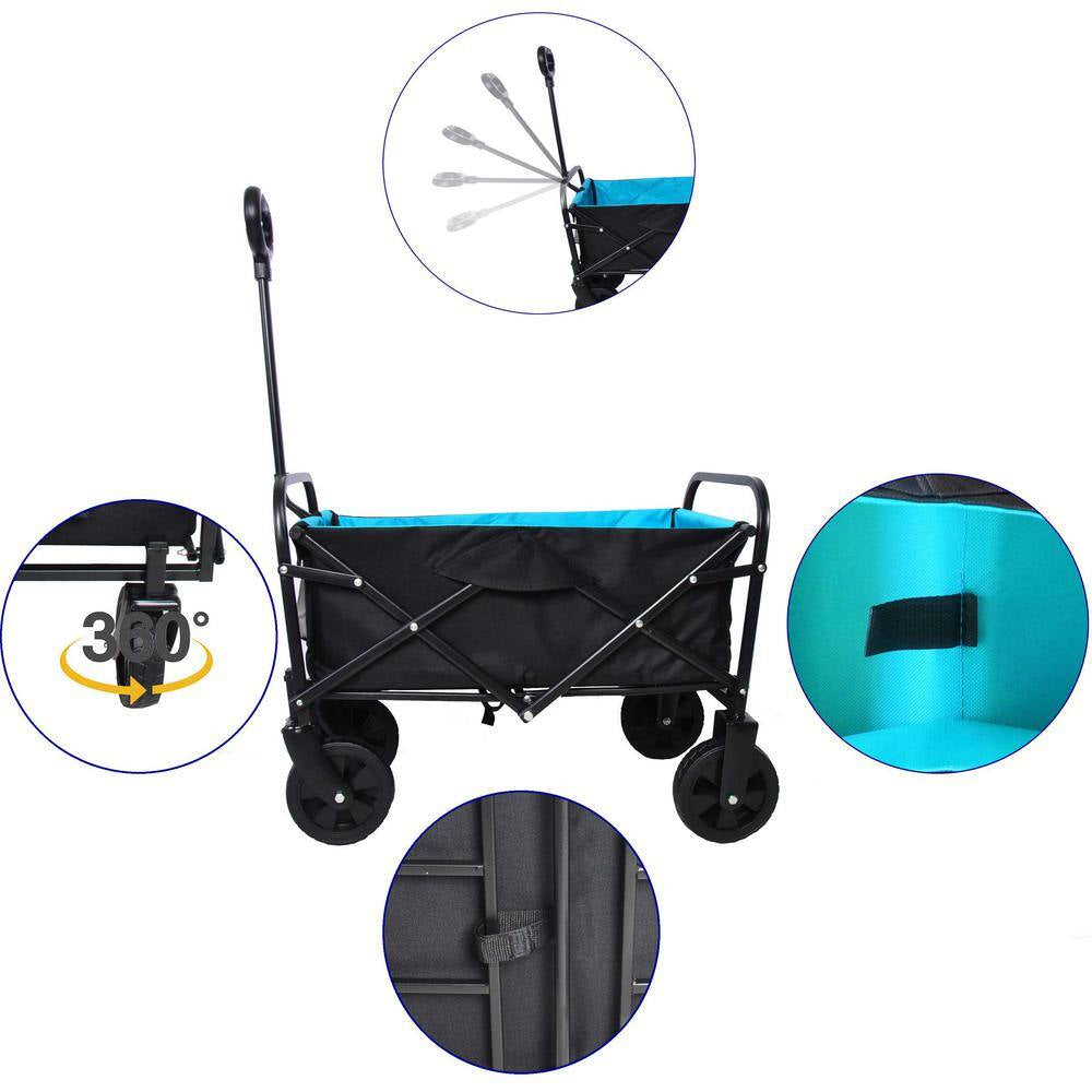 1.35 Cu.Ft. Black and Blue Fabric Steel Frame Folding Wagon Garden Cart for Shopping Beach