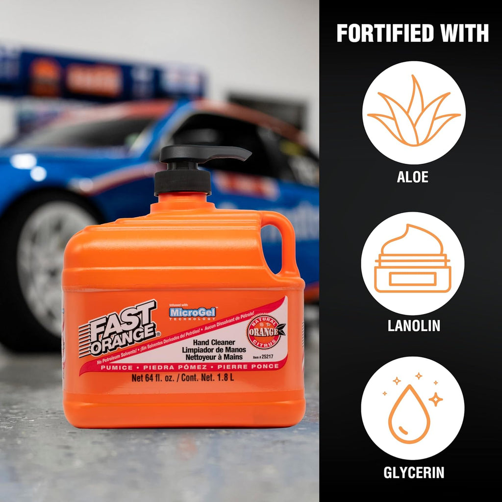 Fast Orange Heavy Duty Hand Cleaner - Pumice Lotion with Natural Citrus Scent, 64 Fl Oz Waterless Grease Fighter for Mechanics