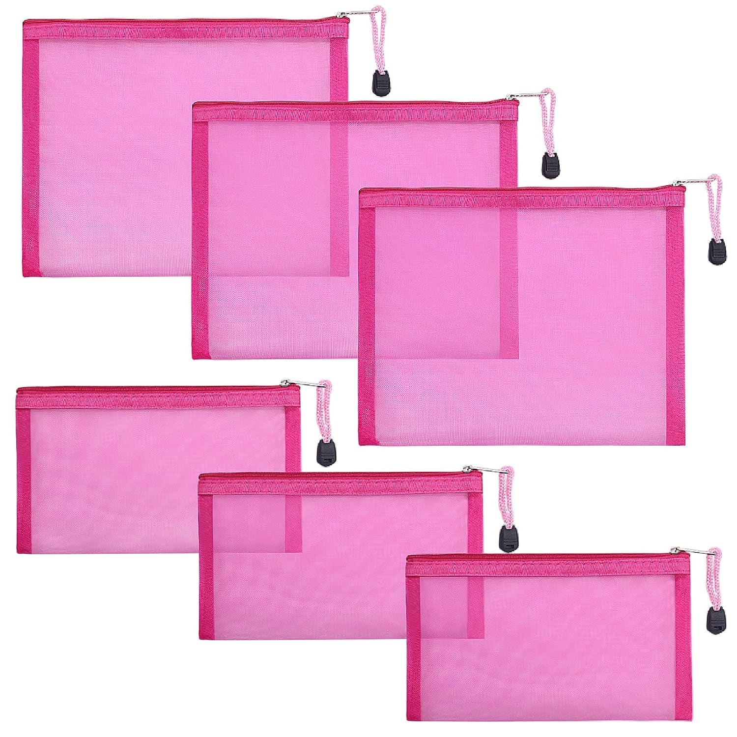 Stylish 6-Pack Rose Mesh Cosmetic Bags - Versatile Nylon Makeup Pouches with Zipper for Home, Office, and On-the-Go!