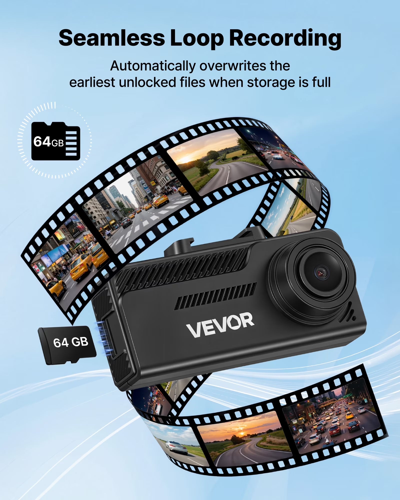 VEVOR Dash Cam Front and Rear, 4K+1080P, 64 GB Card Included, Dual Channel Dash Camera for Cars with Built-In GPS, G-Sensor, Front 129° & Rear 125°, 3.18" Touch Screen, Loop Recording, Parking Mode