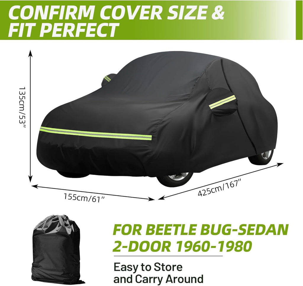 Premium Waterproof Car Cover for 1960-1980 Beetle Bug Sedan - All Weather Protection with Zipper & Windproof Bands - Black