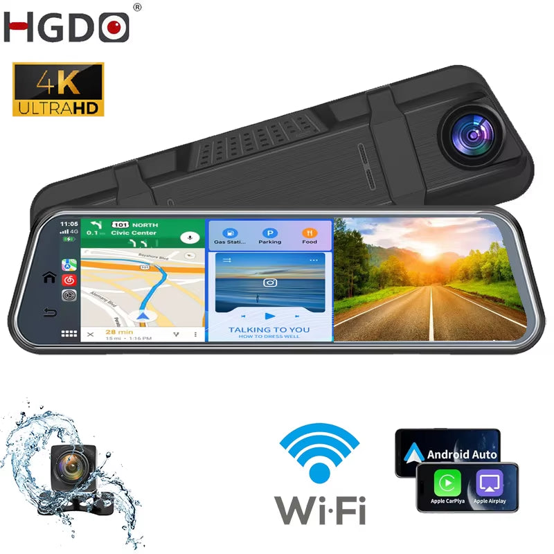 HGDO T122 10" 4K Mirror Dash Cam with Car Stereo Carplay 1080P Backup Camera Car Audio Receivers with Bluetooth Android Auto AUX