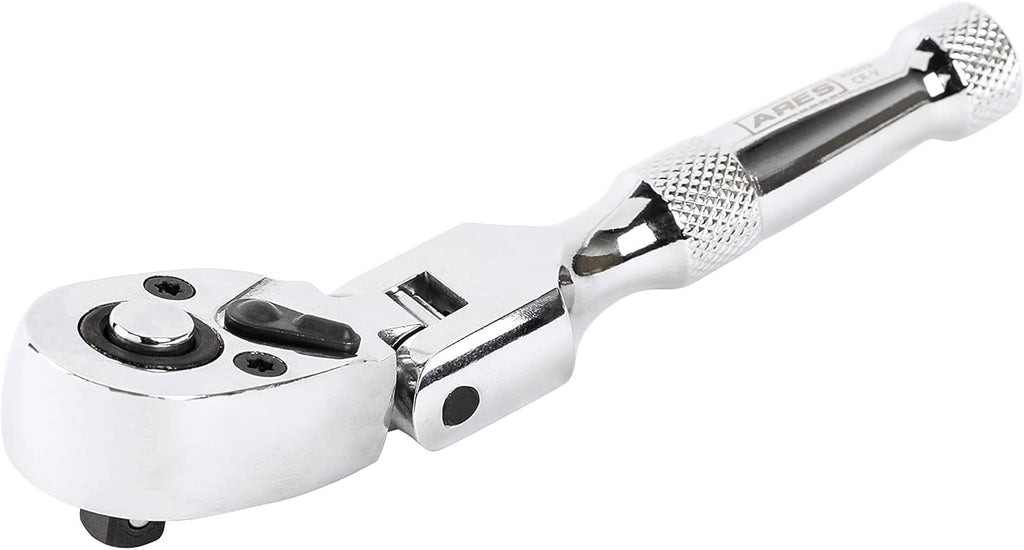 ARES 42043 Flex Head Stubby Ratchet - 1/4-Inch Drive 72-Tooth Precision Tool with Quick Release & Reversible Design - Durable Chrome Vanadium Steel with Mirror Polish Finish