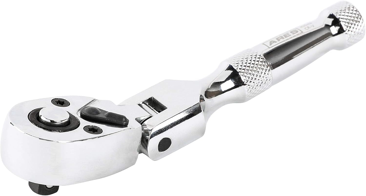 ARES 42043 Flex Head Stubby Ratchet - 1/4-Inch Drive 72-Tooth Precision Tool with Quick Release & Reversible Design - Durable Chrome Vanadium Steel with Mirror Polish Finish