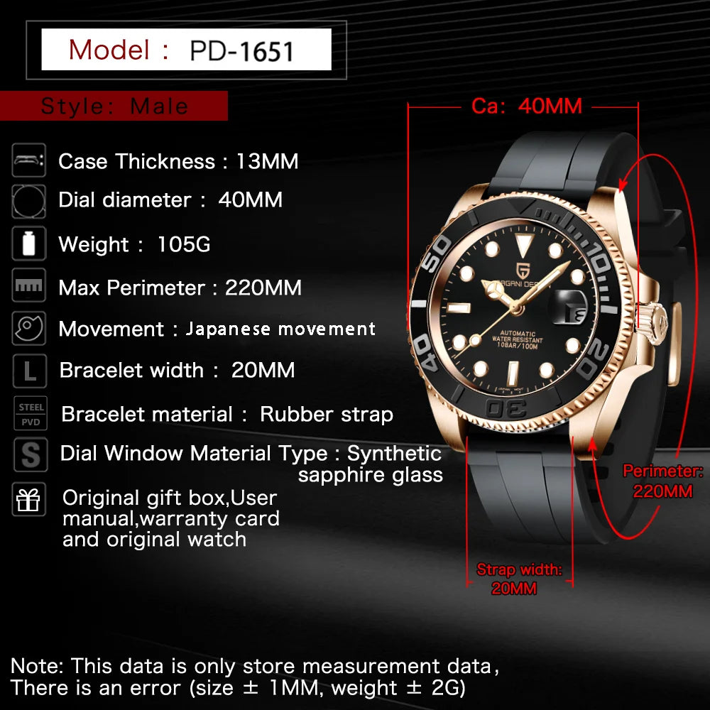 PAGANI DESIGN Top Brand Sports Men Mechanical Wristwatch Sapphire Luxury Automatic Watch Men'S Stainless Steel Waterproof Clock