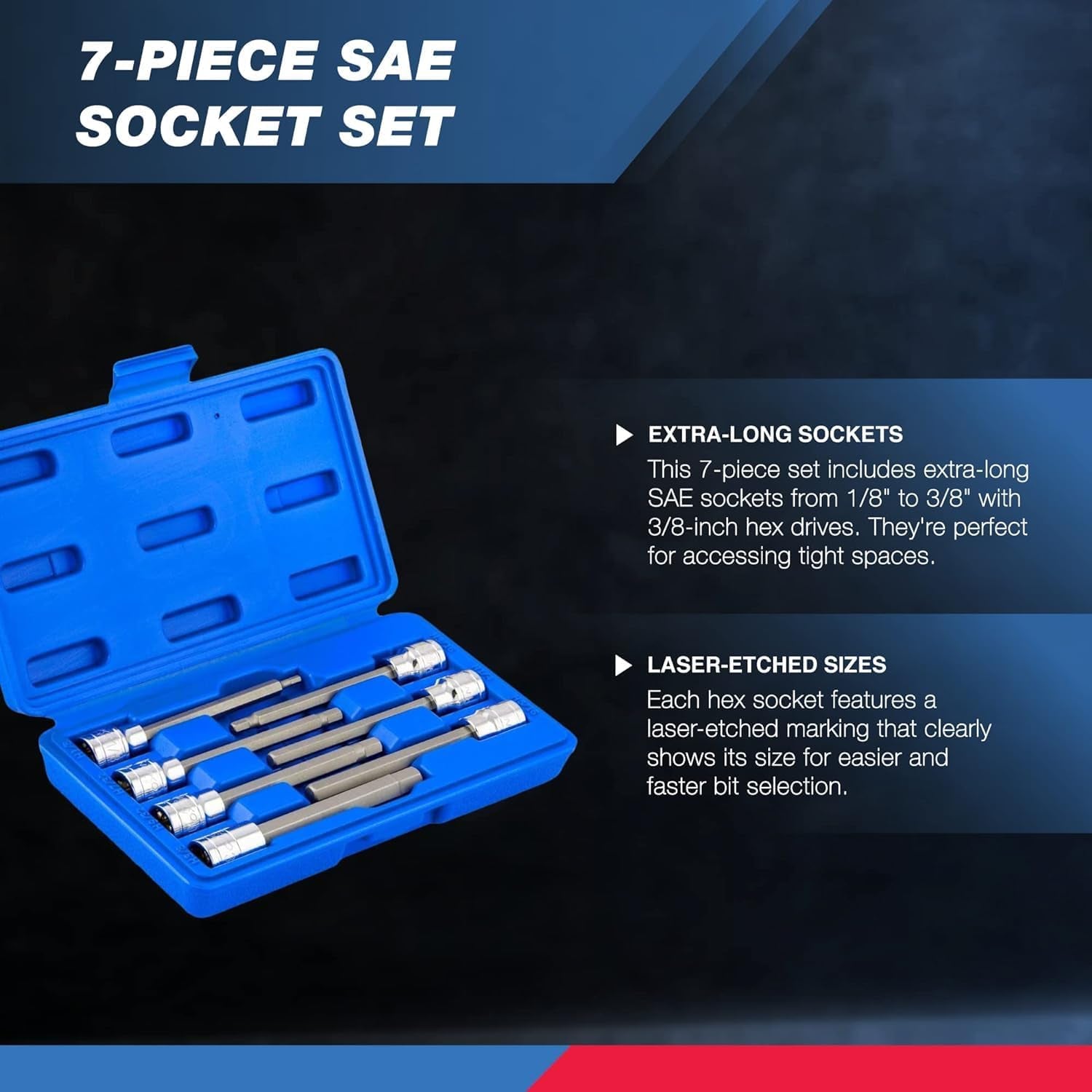 Neiko 10072A 7-Piece Extra Long Allen Hex Bit Socket Set - 3/8-Inch Drive, SAE, Durable S2 & Cr-V Steel, 1/8-Inch to 3/8-Inch