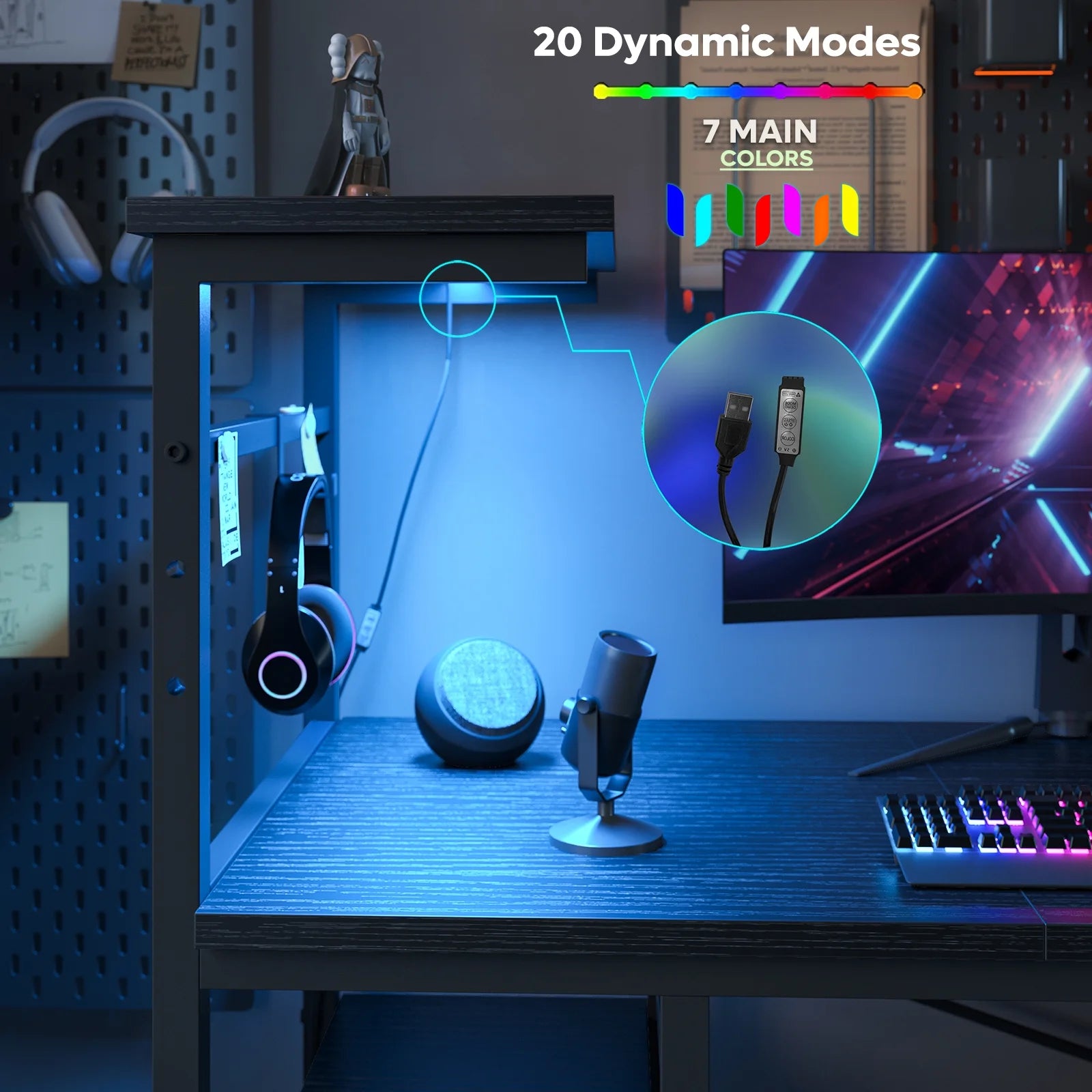 61" Reversible Gaming Desk Computer Desk with LED Lights 4 Tier Shelves Black