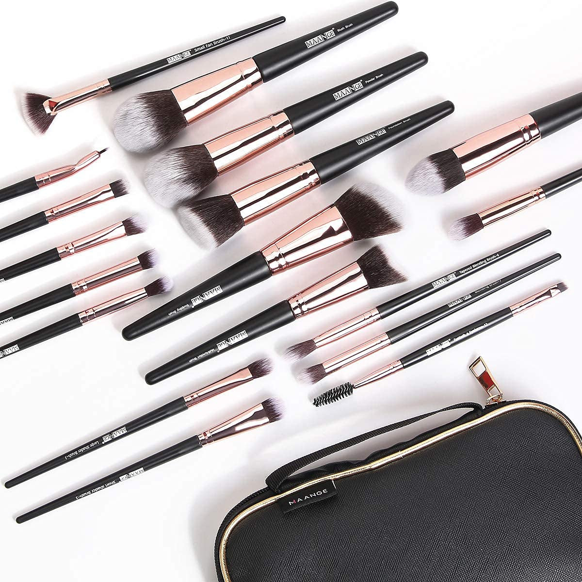 18-Piece Professional Makeup Brush Set - Premium Synthetic Brushes with Elegant Case for Flawless Foundation & Eye Makeup (Black Gold)