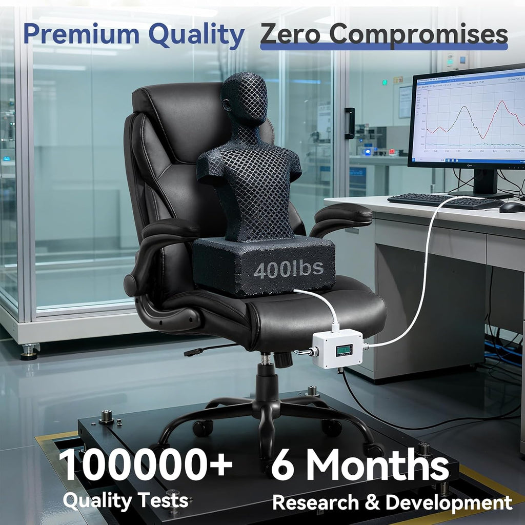 Brage Living 400LBS Big and Tall Office Chair, Heavy Duty Leather Executive Desk Chair with Padded Flip-Up Arms, Swivel Rolling Computer Chair for Home Office, Black