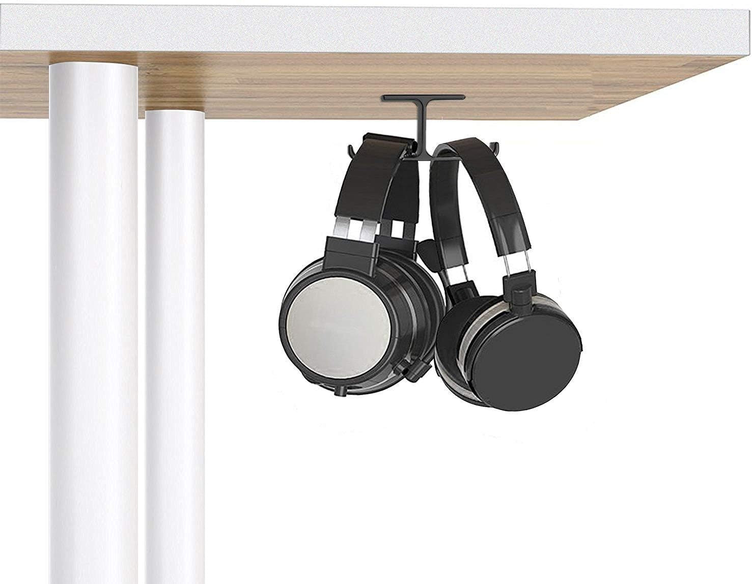 Space-Saving Dual Headphone Hanger Stand - Aluminum Adhesive & Screw Mount for All Headsets, Perfect PC Gaming Accessory - Black
