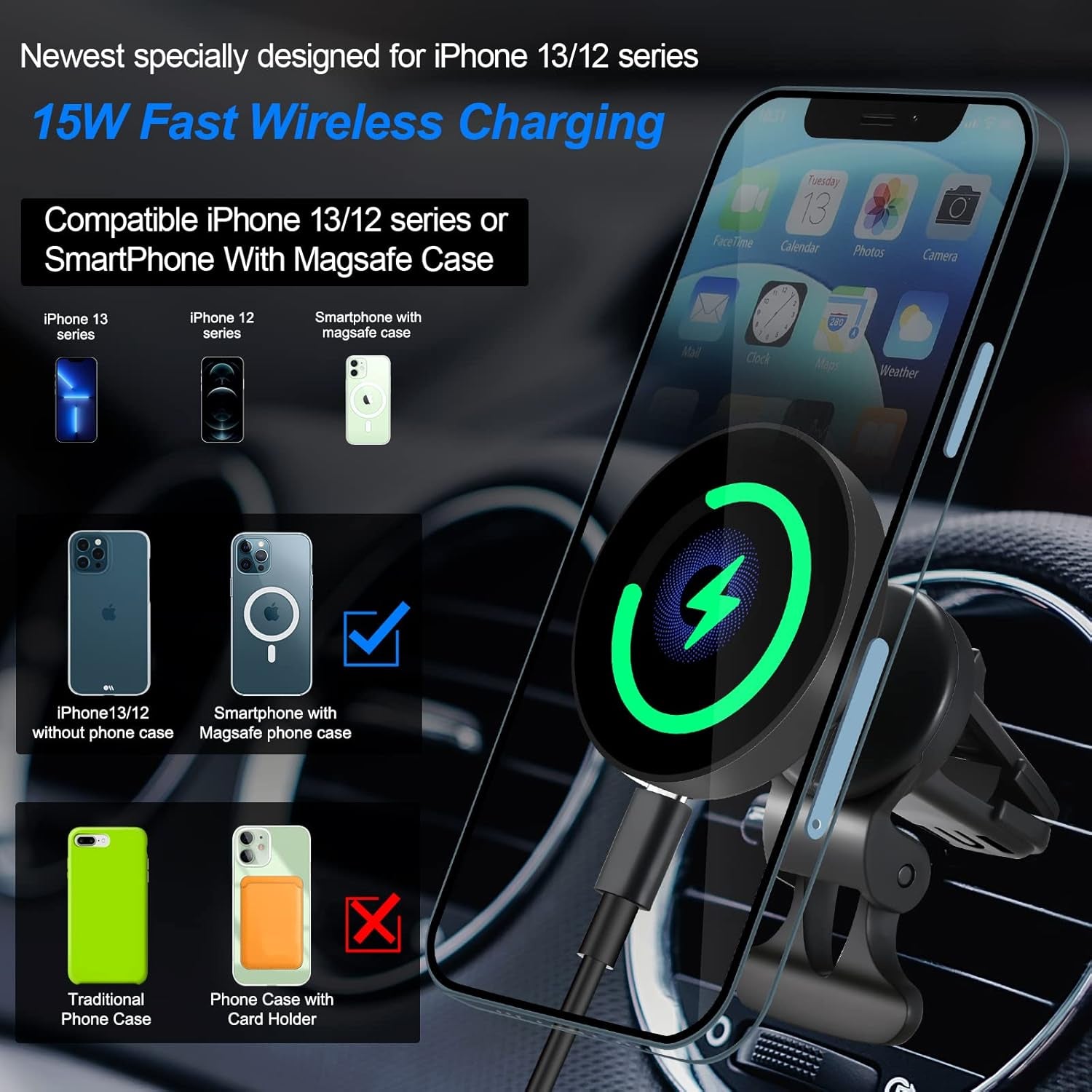 DACK Mag-Safe 15W Car Cigarette Lighter Wireless Charger, Magnetic Auto-Alignment Air Vent Mount Holder with Dual Port PD&QC3.0 Fast Charging for Iphone 13/13 Pro/ 13 Pro Max/12 Series