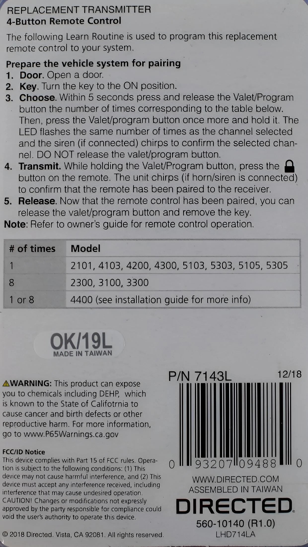 7143L 4-Button Replacement Remote ASK Transmitter