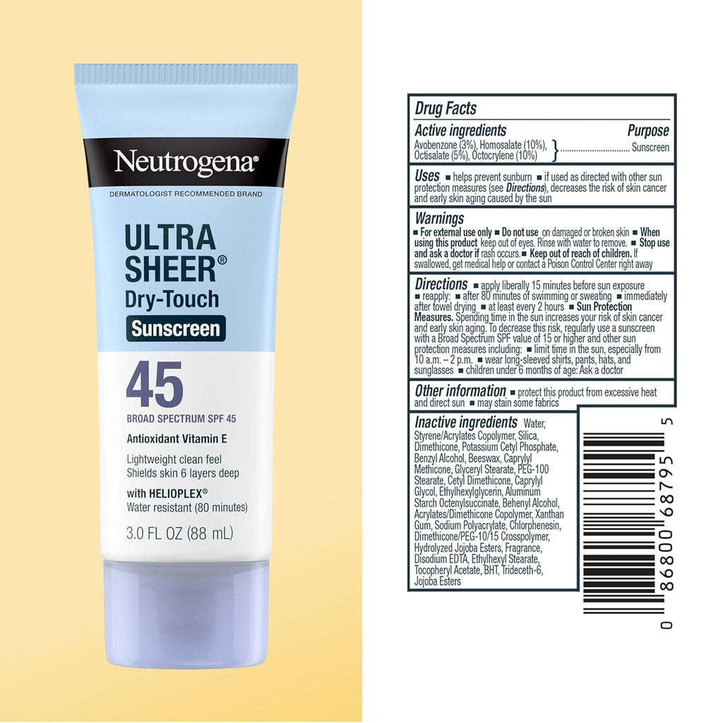 Neutrogena Ultra Sheer Dry-Touch Sunscreen for Face & Body, SPF 45 Broad Spectrum UVA/UVB Protection, Lightweight Water Resistant & Non-Greasy, Travel Size Sunscreen, 3 Fl. Oz 2 Pack