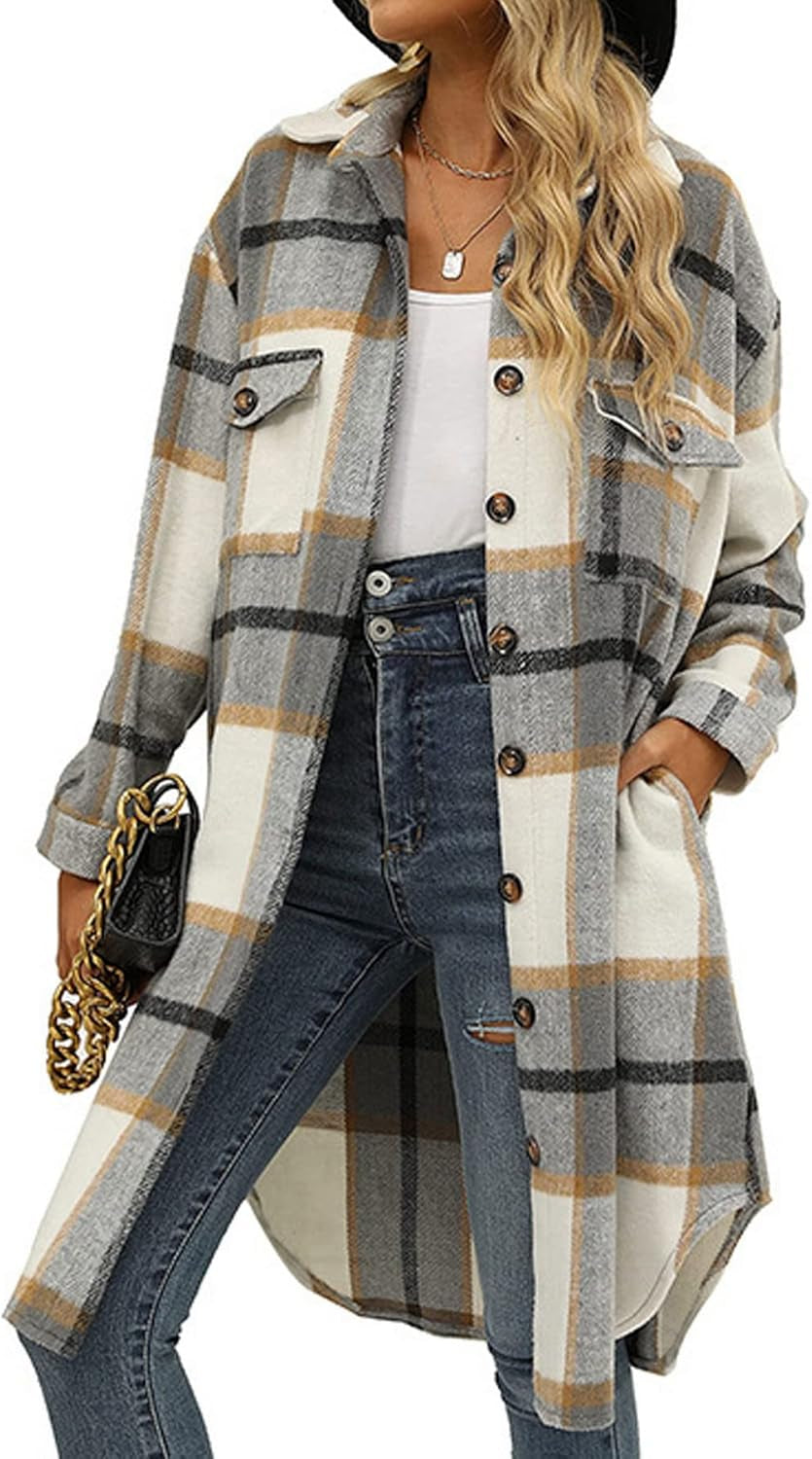 Ainangua Women'S Casual Wool Blend Long Plaid Shirt Jacket Button down Pocketed Shirt Shacket