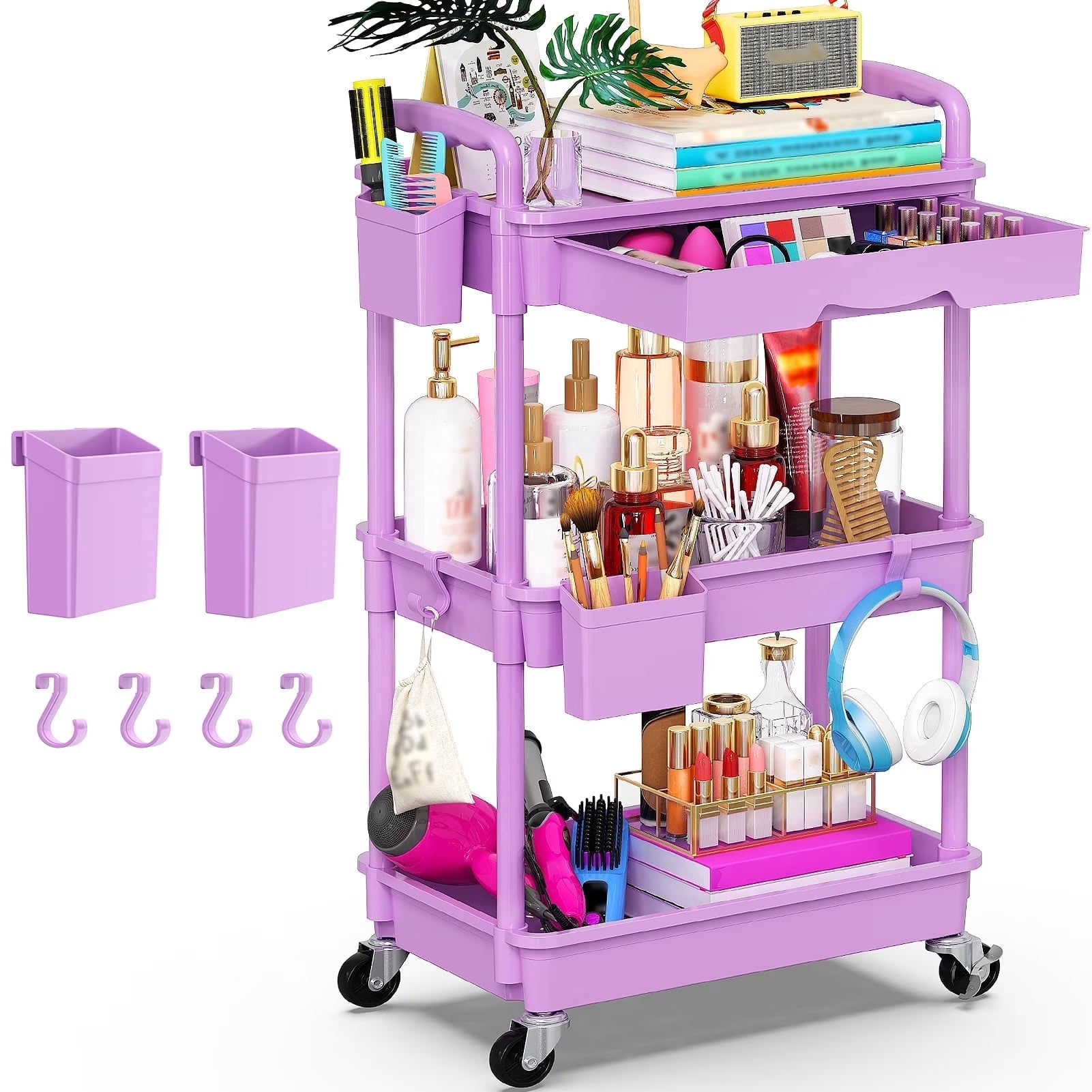 Yeabett 4 Tier Rolling Utility Cart Organizer with Removable Drawer, Mobile Storage Carts with 2 Lockable Wheels for Bathroom, Kitchen, Snack, Craft, Makeup, Baby Essentials，Purple