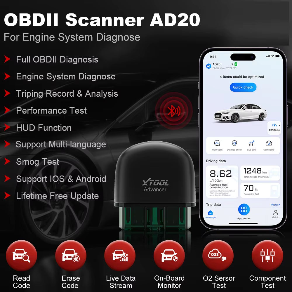 XTOOL AD20 Bluetooth OBD2 Scanner for Engine System Diagnostic Code Reader HUD Display Perfromance Test Lifetime Free Update