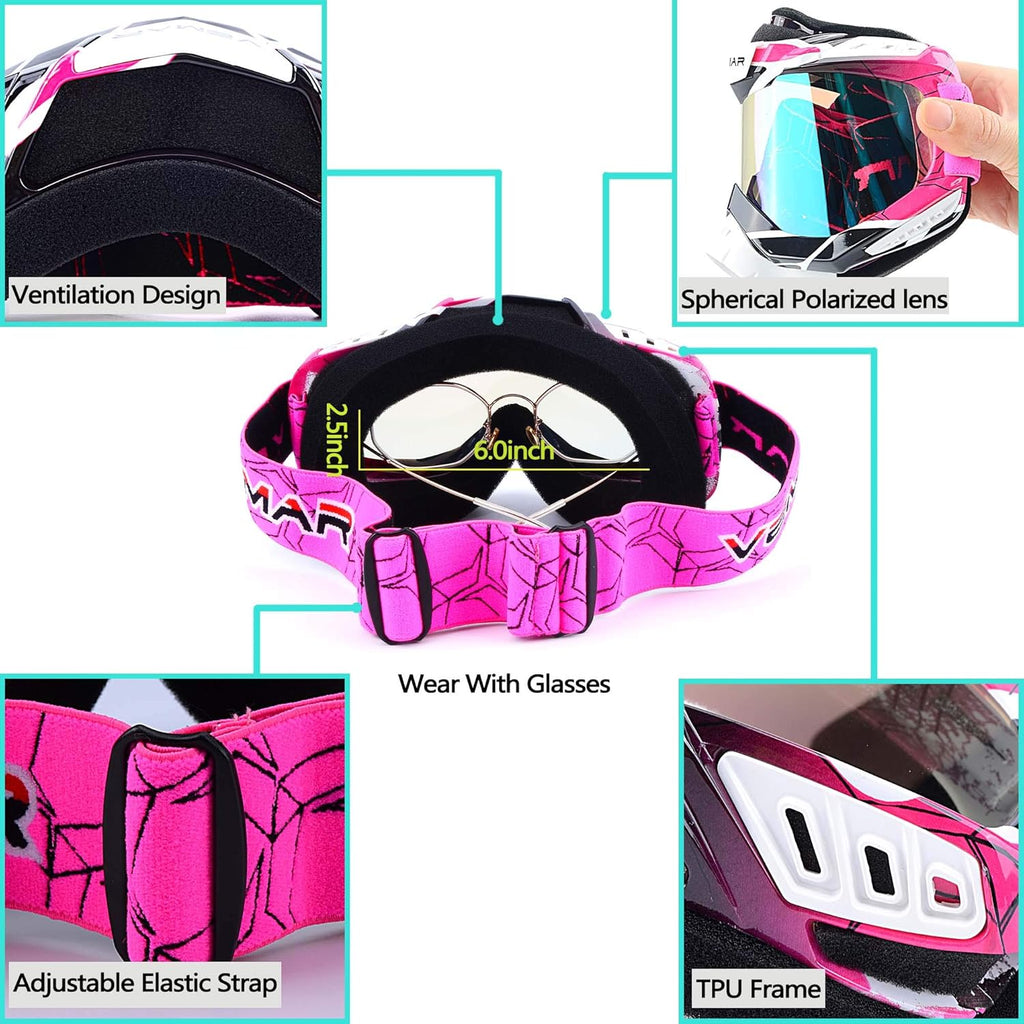 Pink Motorcycle Motocross Goggles - Windproof, Dustproof, Scratch Resistant ATV Racing & Dirt Bike Safety Glasses