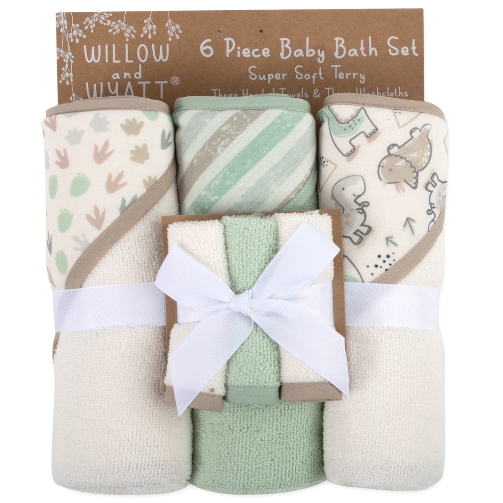 Baby Essentials 6 Piece Hooded Bath Towel Washcloth Set for Infant, Newborns, Toddlers 3 – 24 Months for Bath Time, Showers, Lounge, Beach, Pool in Dinosaurs & Stripes
