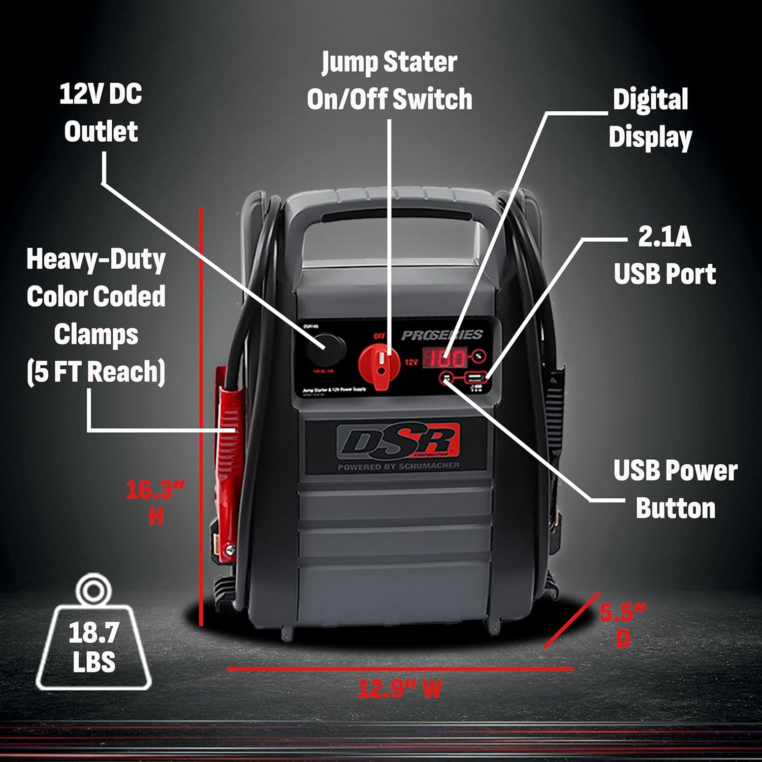 Schumacher Electric DSR Proseries Car Battery Jump Starter - 2200 Peak Amp 12V Car Starter, Jump Box & Portable Power Station - Digital Display, Heavy-Duty Clamps - DSR165