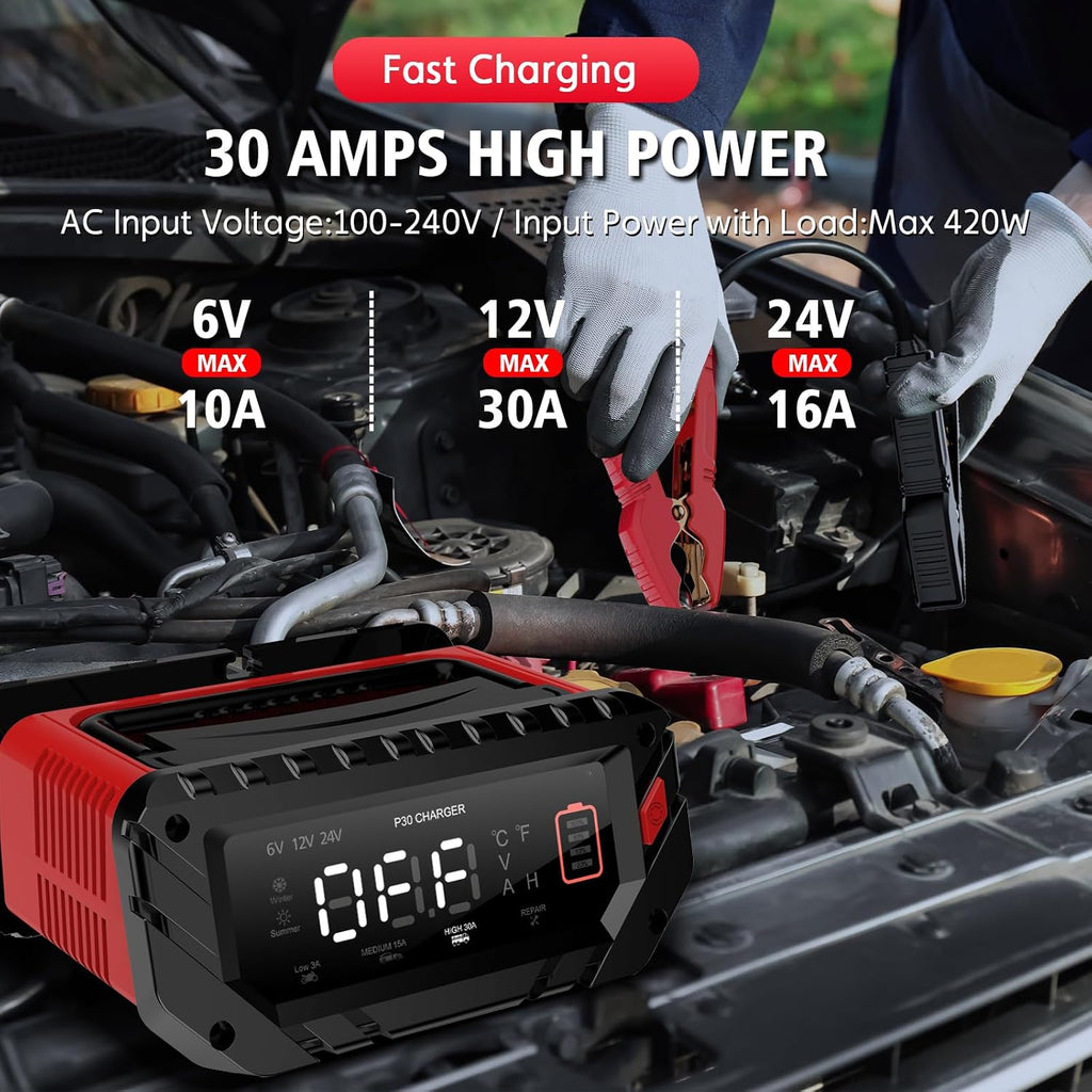 30 Amp Lithium Battery Charger,6V10A/12V30A/24V16A Lifepo4,Lead-Acid(Agm/Gel/Sla..) Smart Car Battery Charger,Battery Maintainer,Trickle Charger, and Battery Desulfator for Car,Boat,Motorcycle