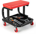 Goplus Mechanic Stool with Wheels, 22.5”-27.5” Adjustable Rolling Garage Stool with Padded Seat, 330LBS Capacity, Tool Tray, Heavy Duty Creeper Seat, 360° Swivel Shop Chair for Workshop