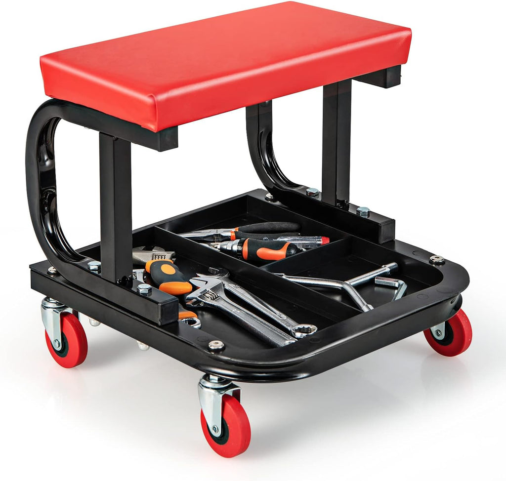 Goplus Mechanic Stool with Wheels, 22.5”-27.5” Adjustable Rolling Garage Stool with Padded Seat, 330LBS Capacity, Tool Tray, Heavy Duty Creeper Seat, 360° Swivel Shop Chair for Workshop